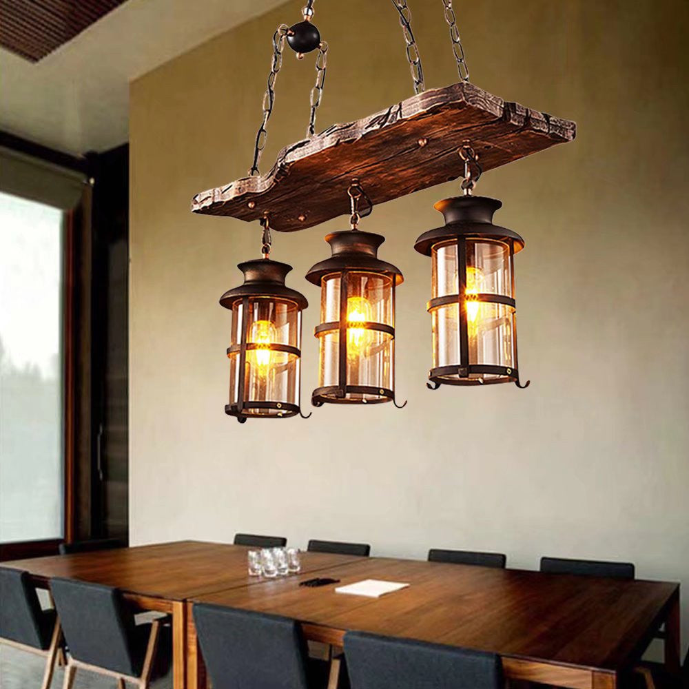 Rustic Wood and Metal Three Light Hanging Lantern Chandelier