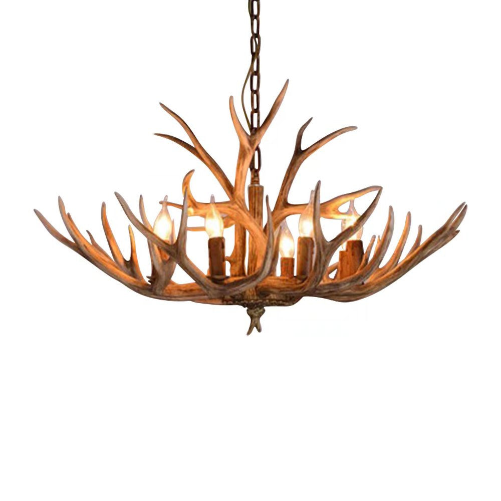 Brown Super Stag Faux Antlers Six Light LED Chandelier