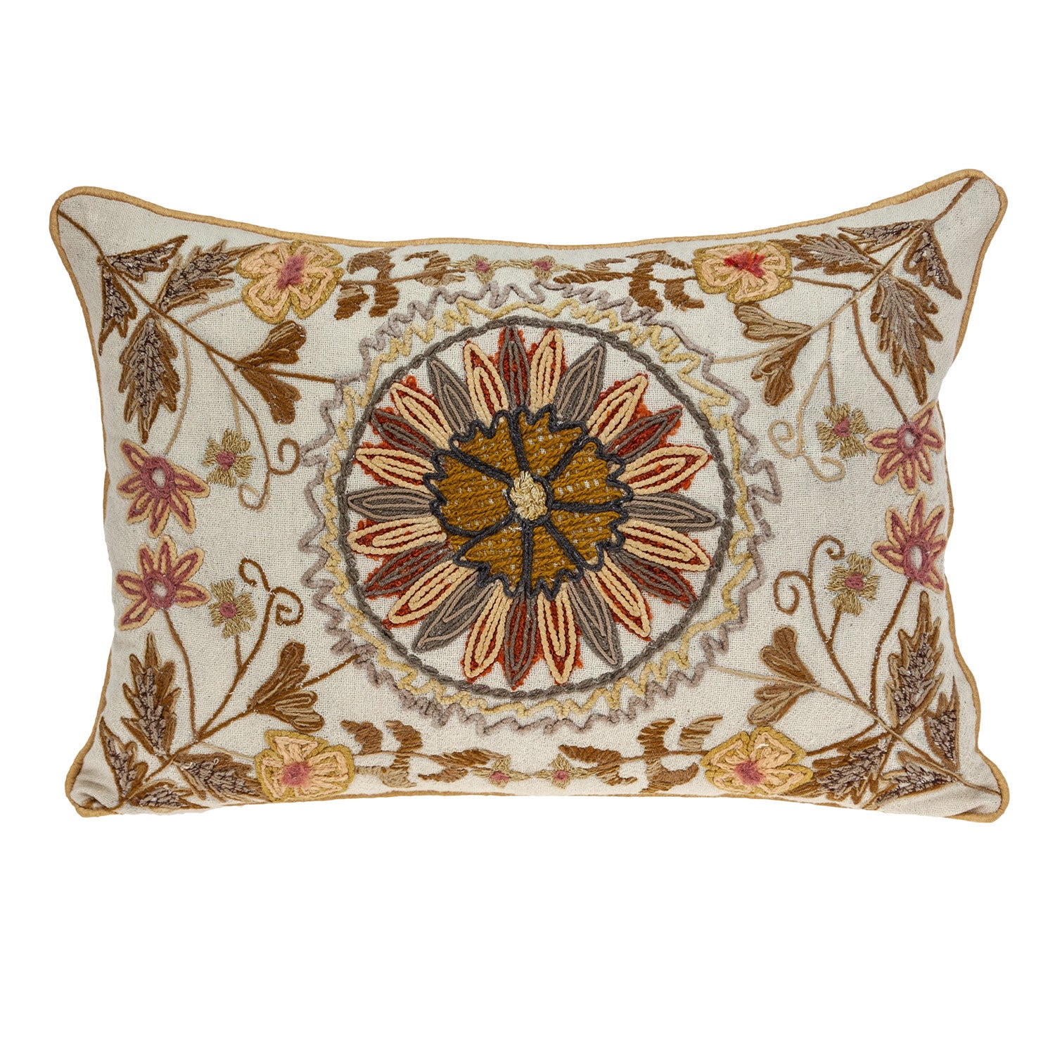 14" X 20" Beige Cotton Throw Pillow With Embroidery