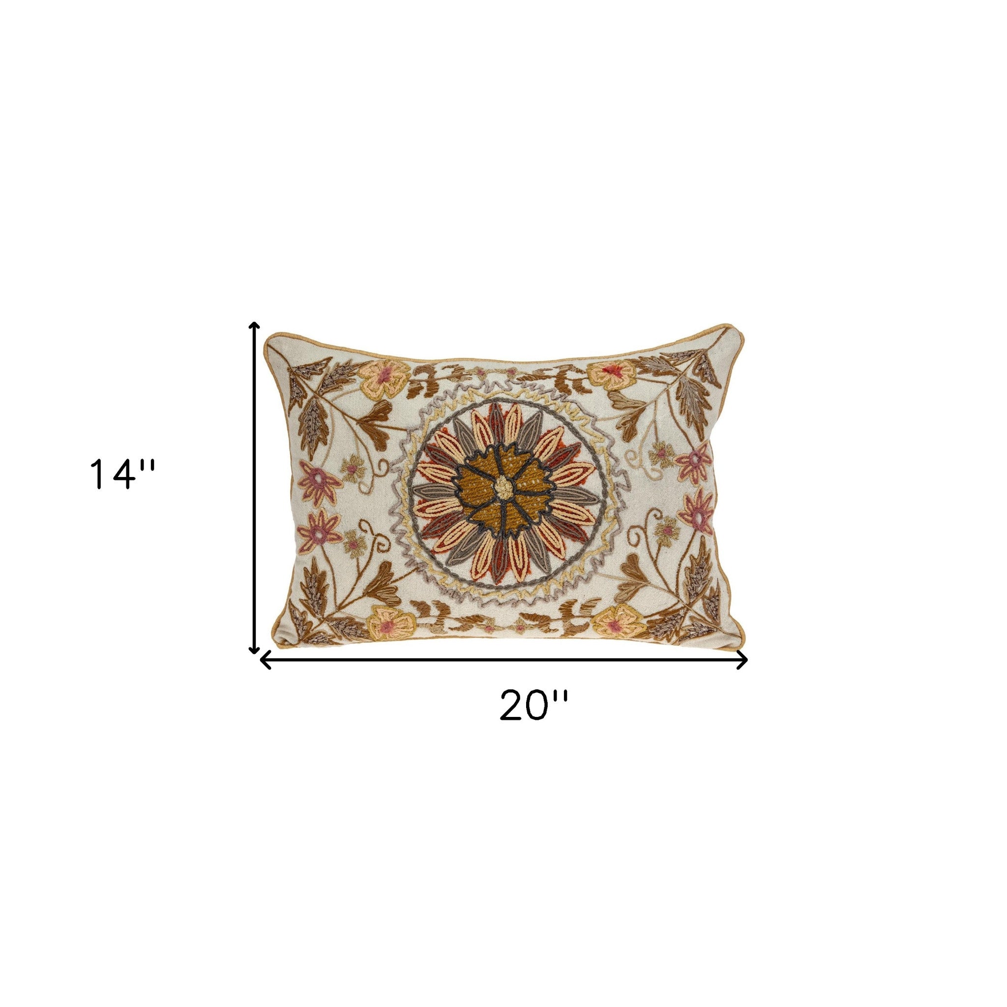 14" X 20" Beige Cotton Throw Pillow With Embroidery