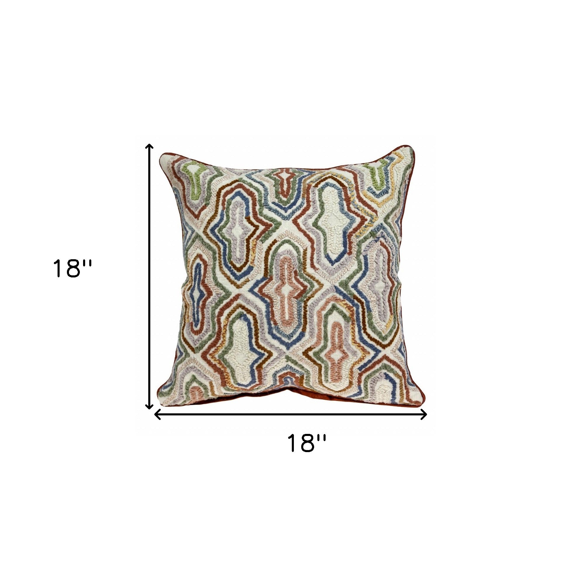 18" Beige and Brown Cotton Throw Pillow With Embroidery