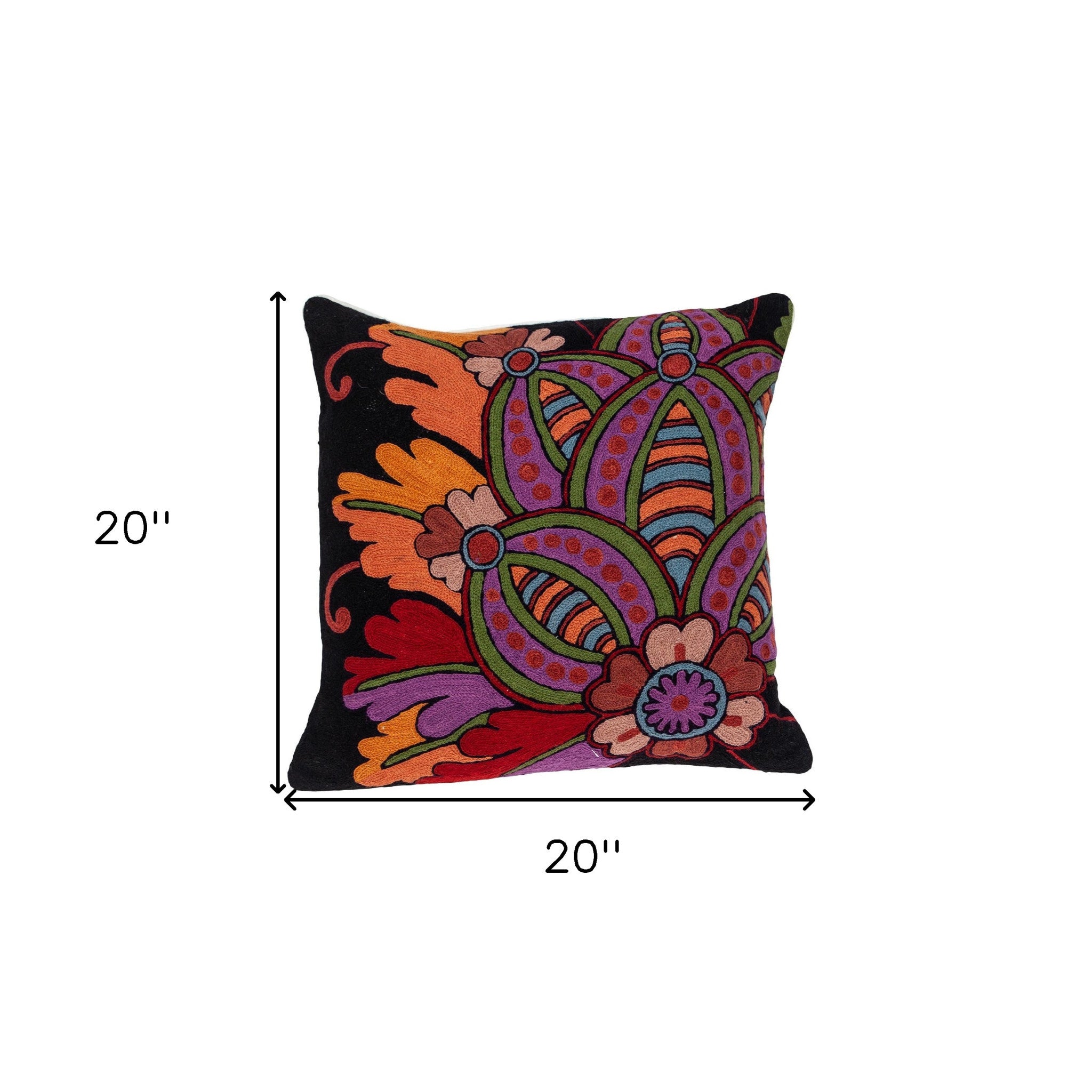 20" Black and Orange Cotton Throw Pillow With Embroidery