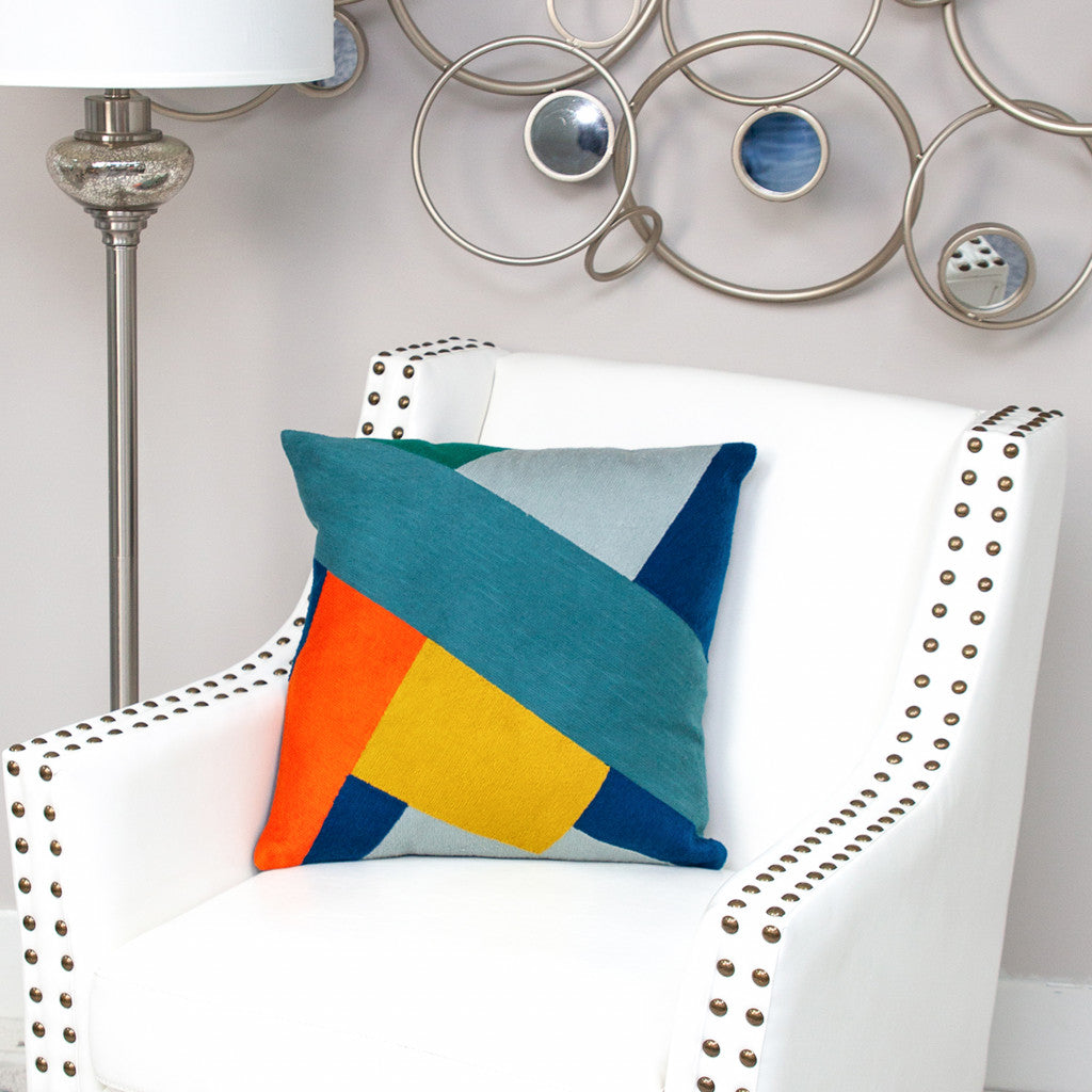 20" Blue and Yellow Cotton Throw Pillow