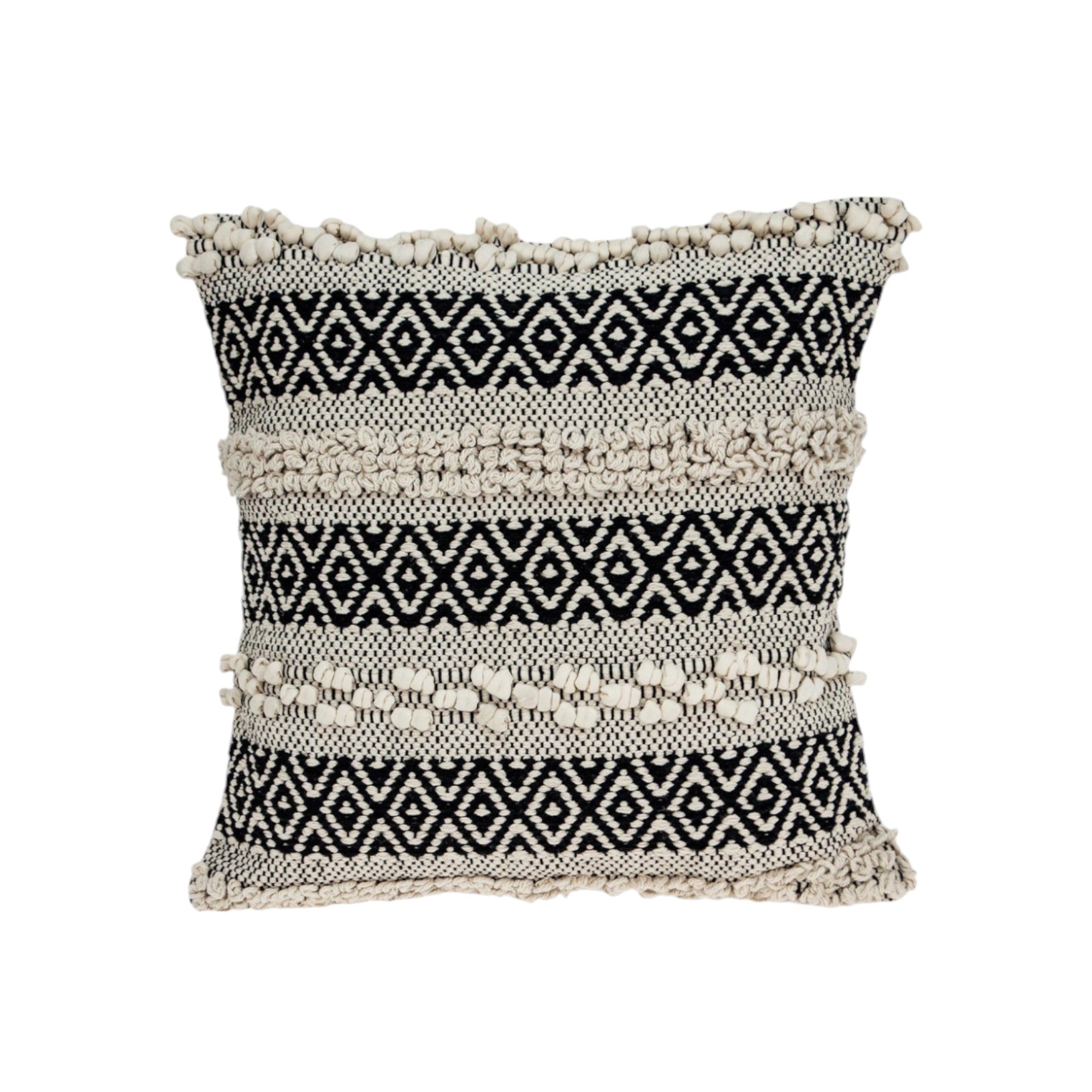 18" Beige and Black Cotton Throw Pillow With Embroidery