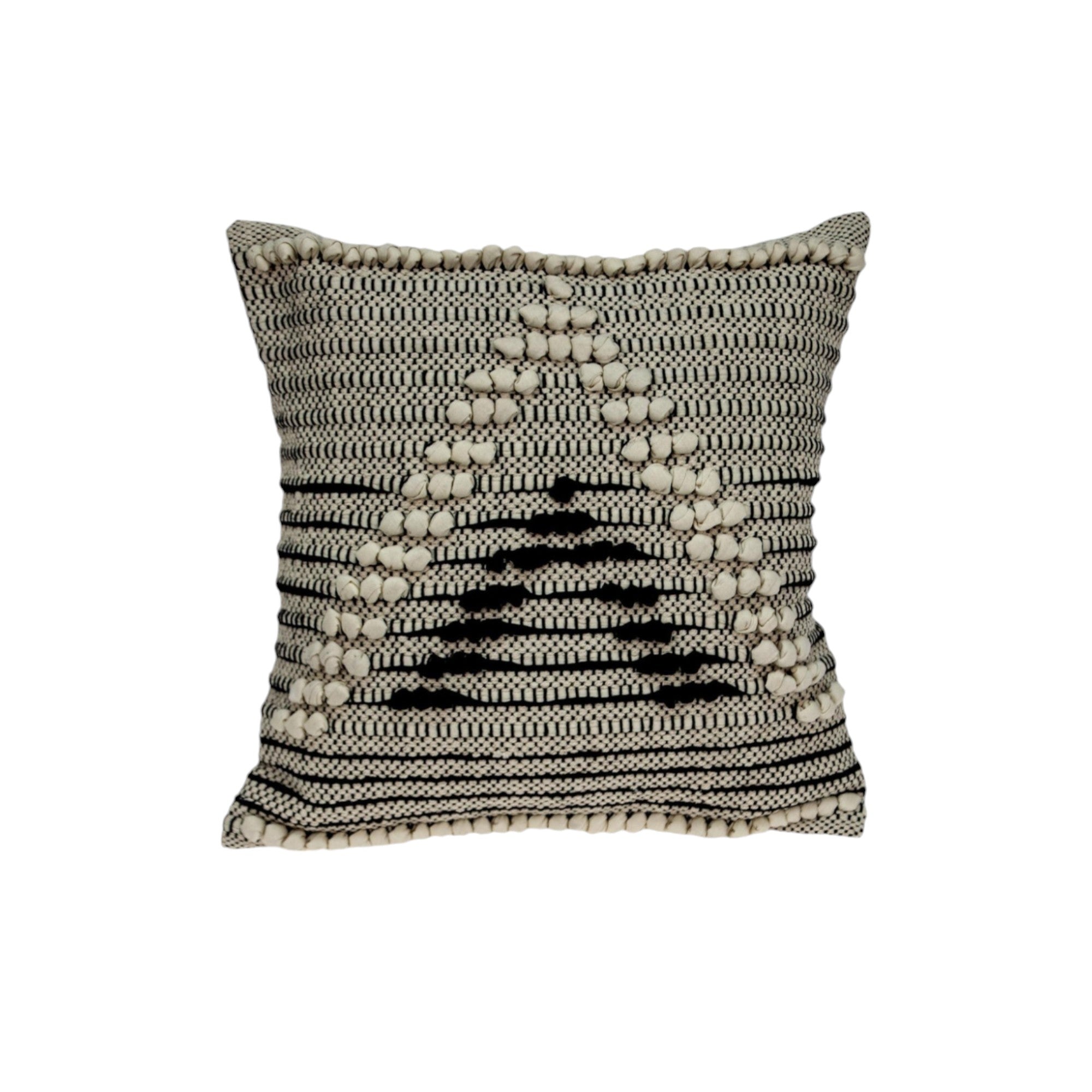 18" Beige and Black Cotton Throw Pillow With Embroidery