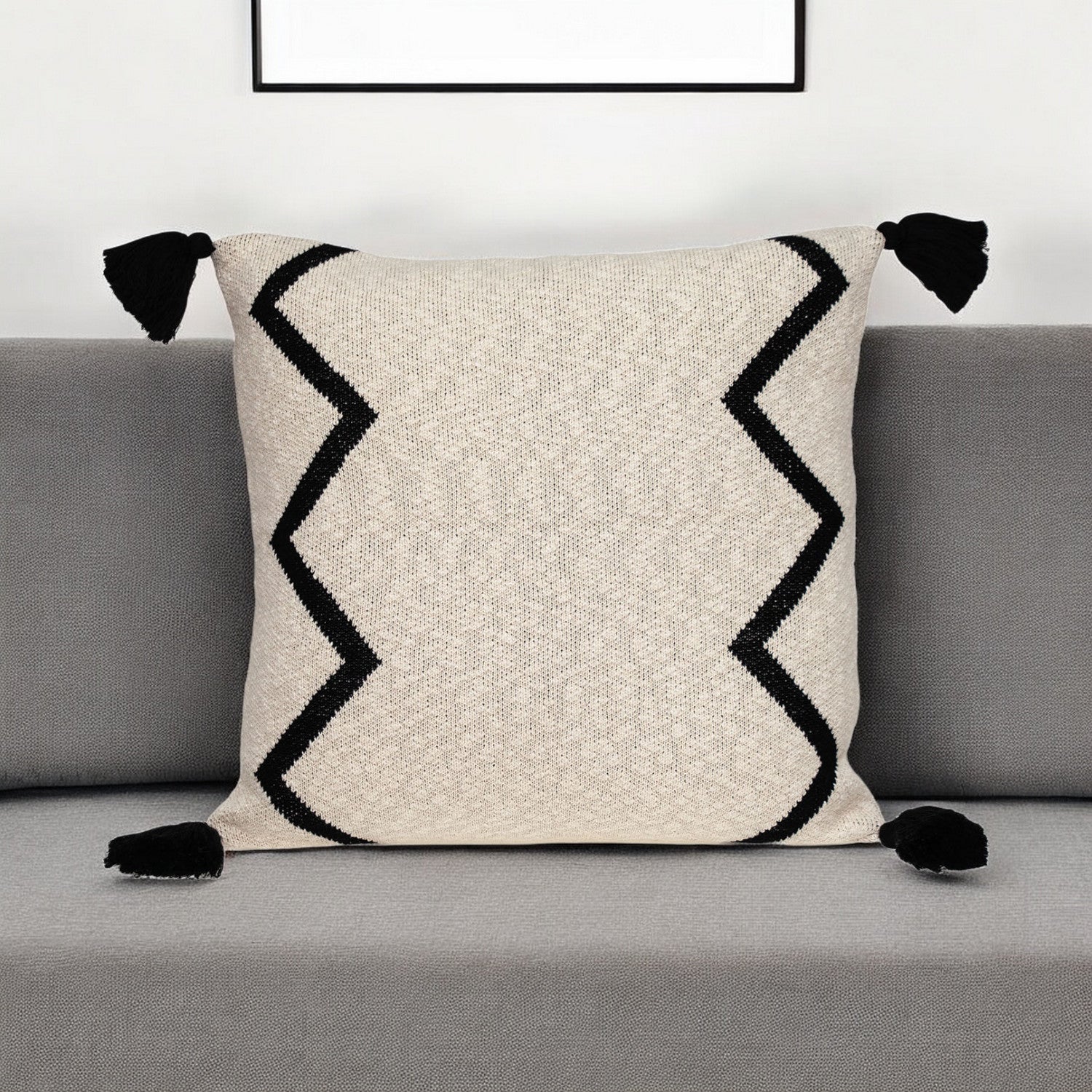 20" x 20" Black and Cream Zigzag Pattern Square Accent Throw Pillow with Tassel