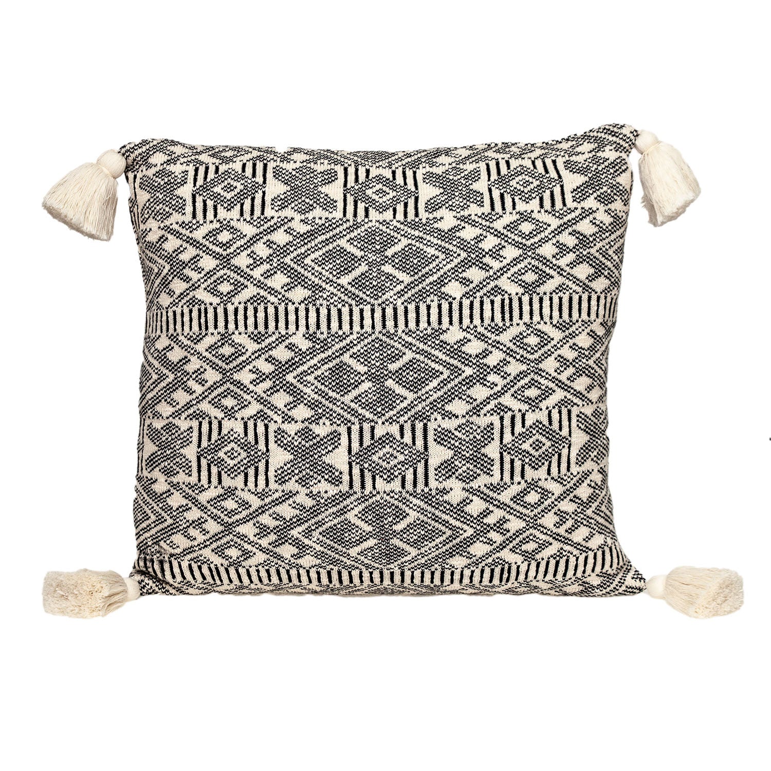 20" x 20" Black and Cream Bohemian Pattern Square Accent Throw Pillow with Tassel