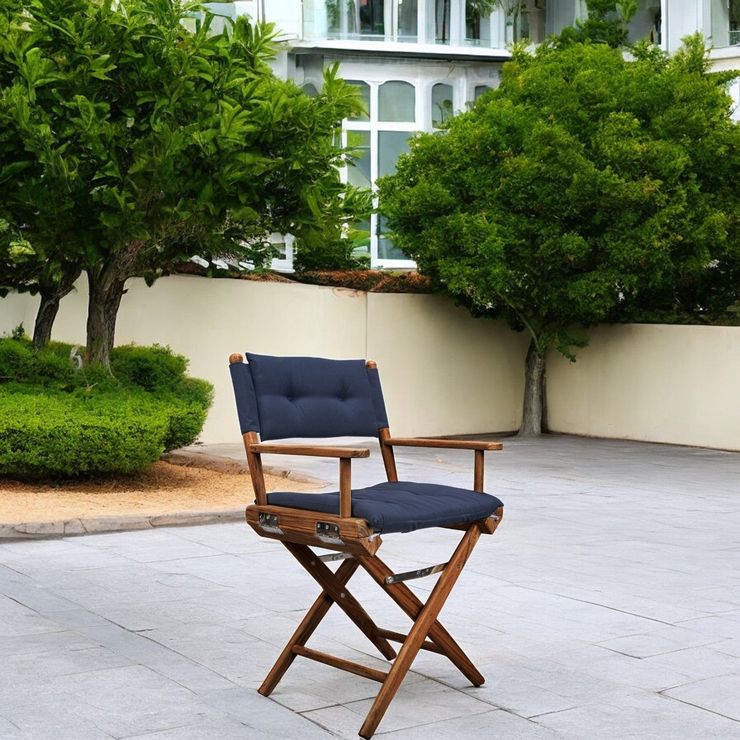 23" Navy Blue and Brown Solid Wood Indoor Outdoor Director Chair with Navy Blue Cushion