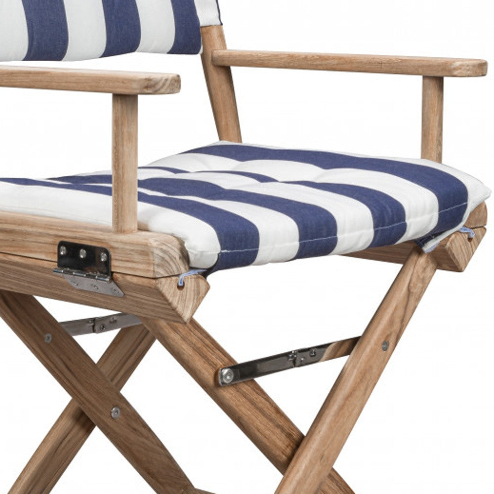 23" Blue and White and Natural Wood Solid Wood Indoor Outdoor Director Chair with Blue and White Cushion