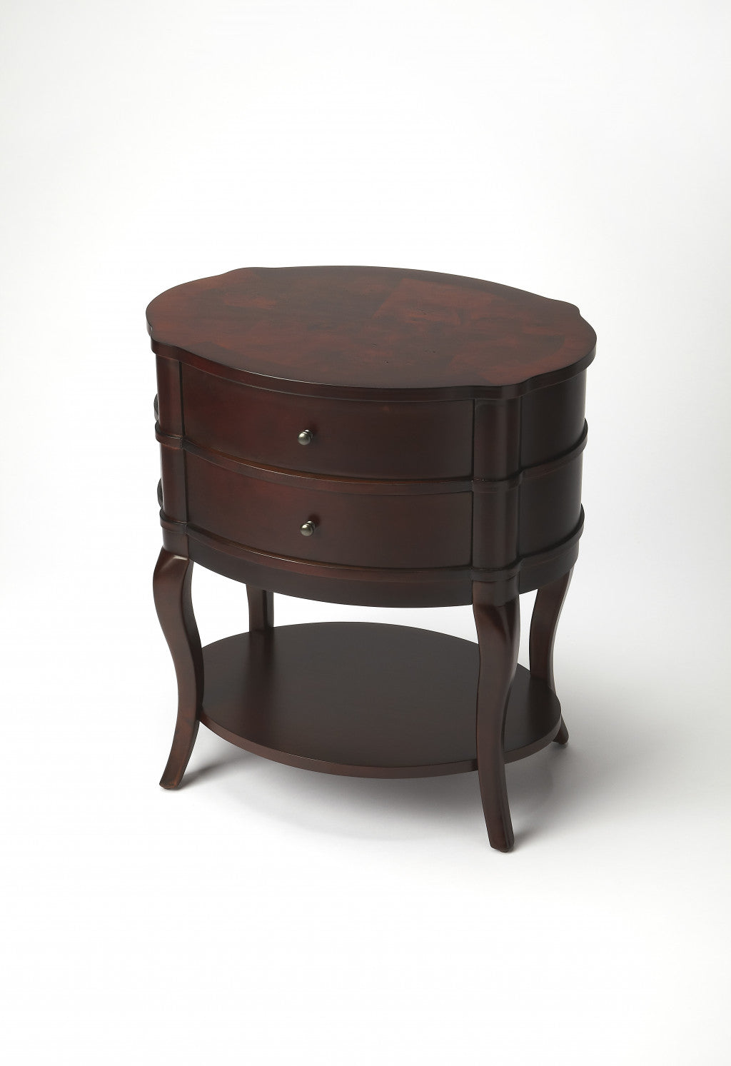 26" Dark Brown And Cherry Solid And Manufactured Wood Oval End Table With Two Drawers And Shelf