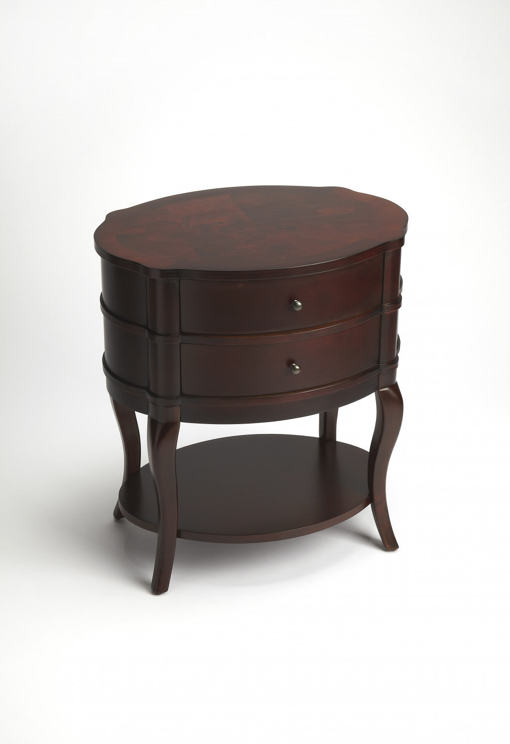 26" Dark Brown And Cherry Solid And Manufactured Wood Oval End Table With Two Drawers And Shelf