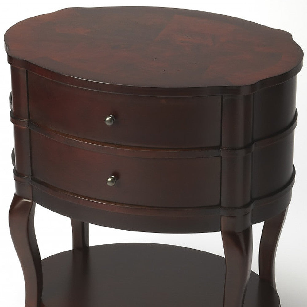 26" Dark Brown And Cherry Solid And Manufactured Wood Oval End Table With Two Drawers And Shelf