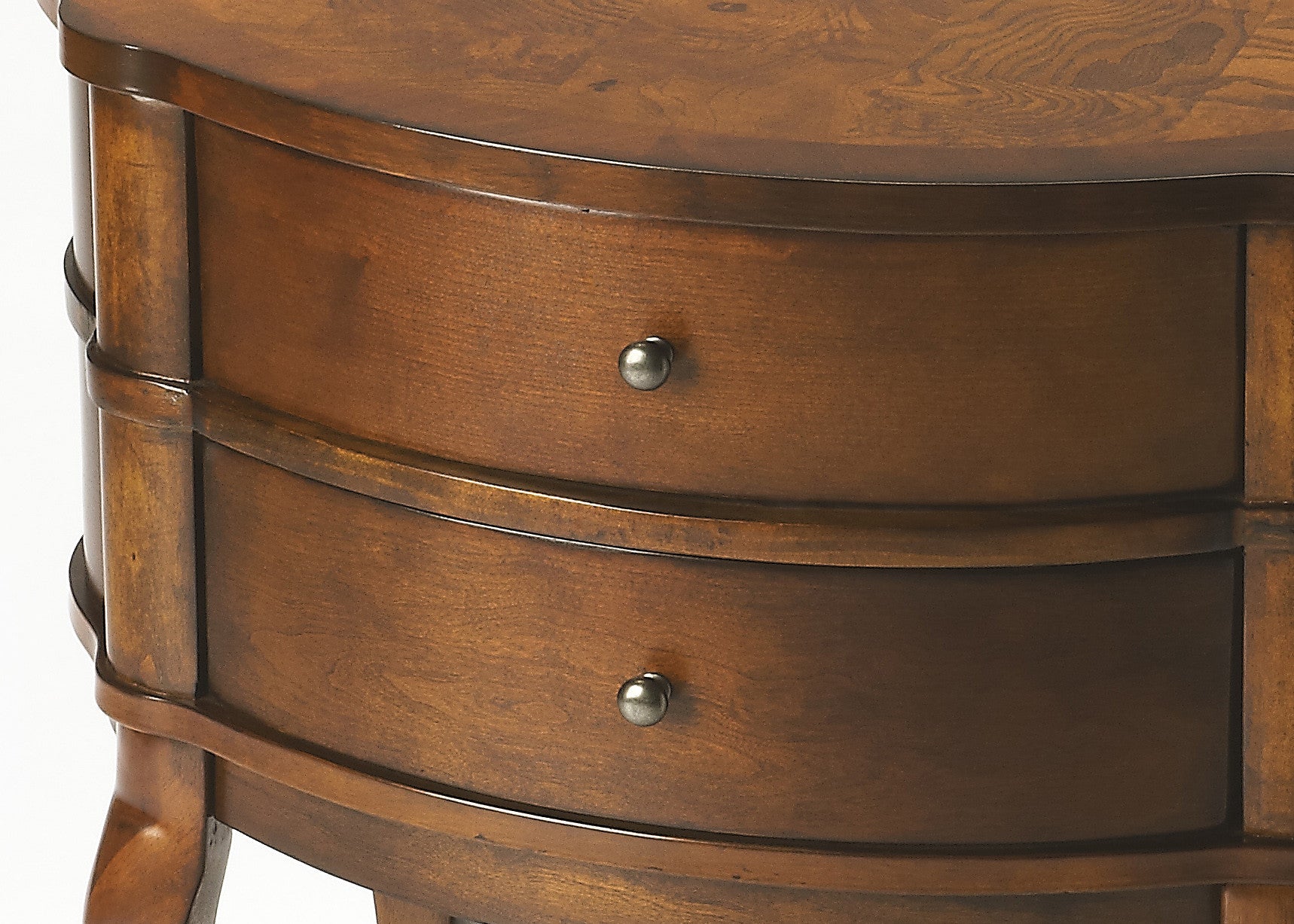 26" Medium Brown And Umber Solid And Manufactured Wood Oval End Table With Two Drawers And Shelf