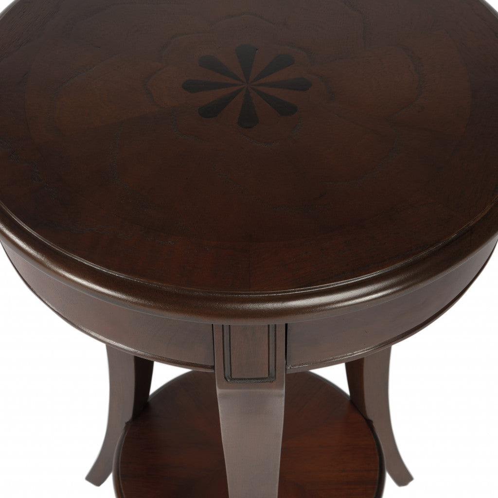 26" Dark Brown Wood And Wood Round End Table With Shelf