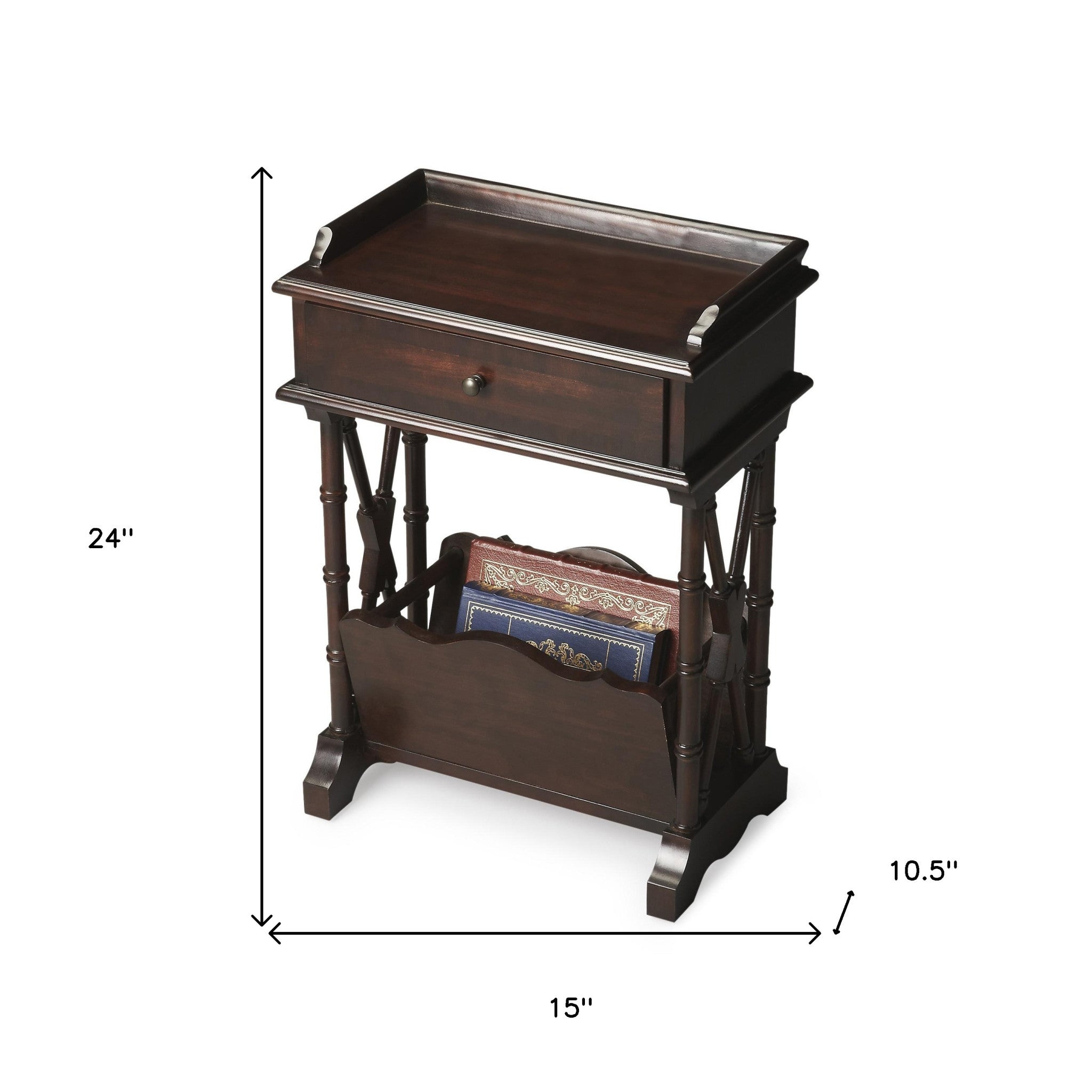 24" Black Solid and Manufactured Wood End Table With Drawer And Shelf With Magazine Holder