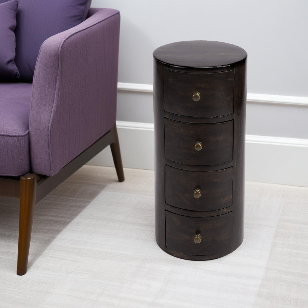 24" Dark Brown Round Column Shaped Pedestal End Table With Four Drawers