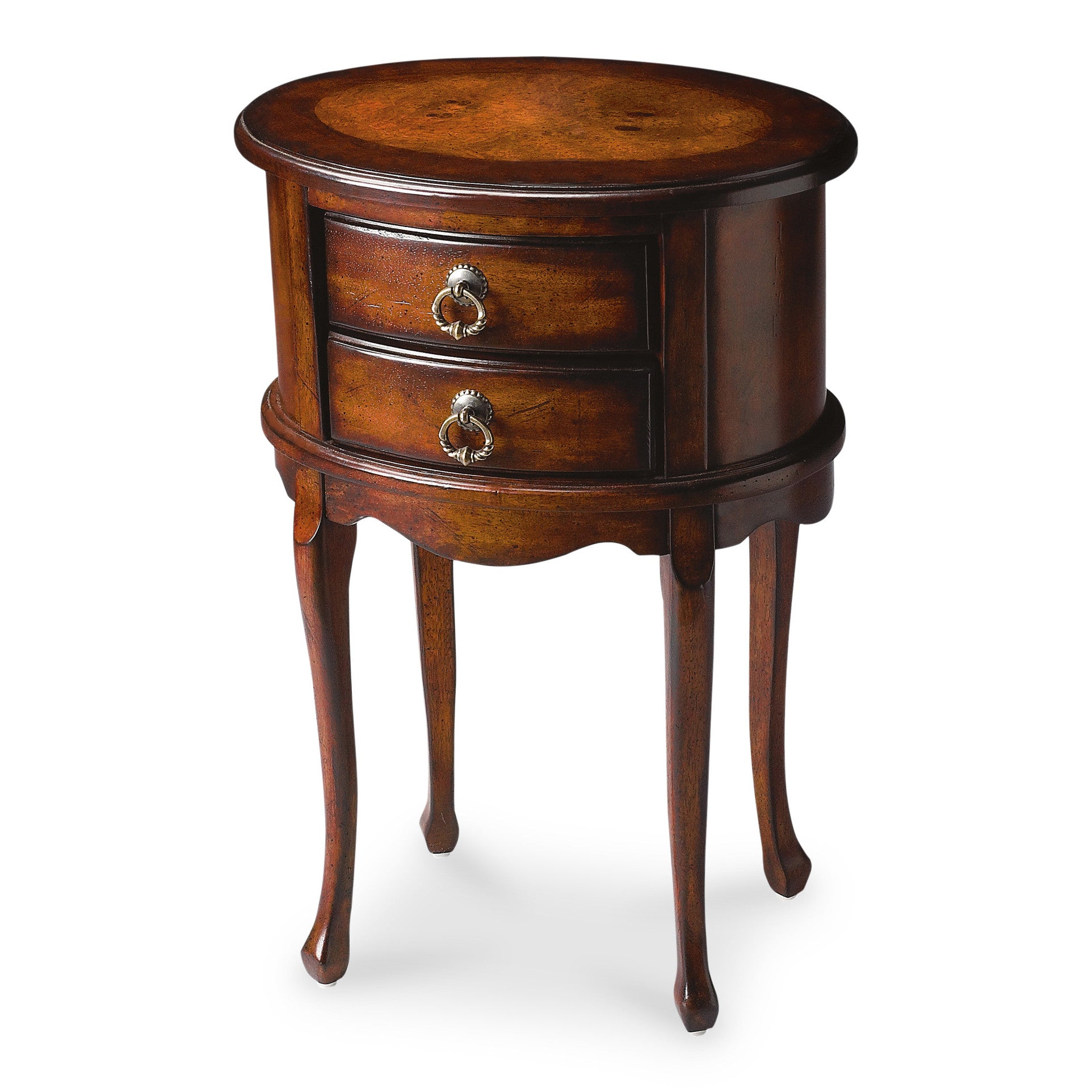 26" Dark Brown And Cherry Manufactured Wood Oval End Table With Two Drawers