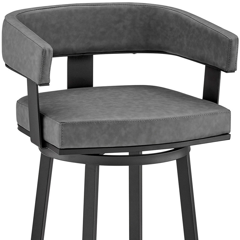 26" Gray And Black Faux Leather And Iron Swivel Low Back Counter Height Bar Chair