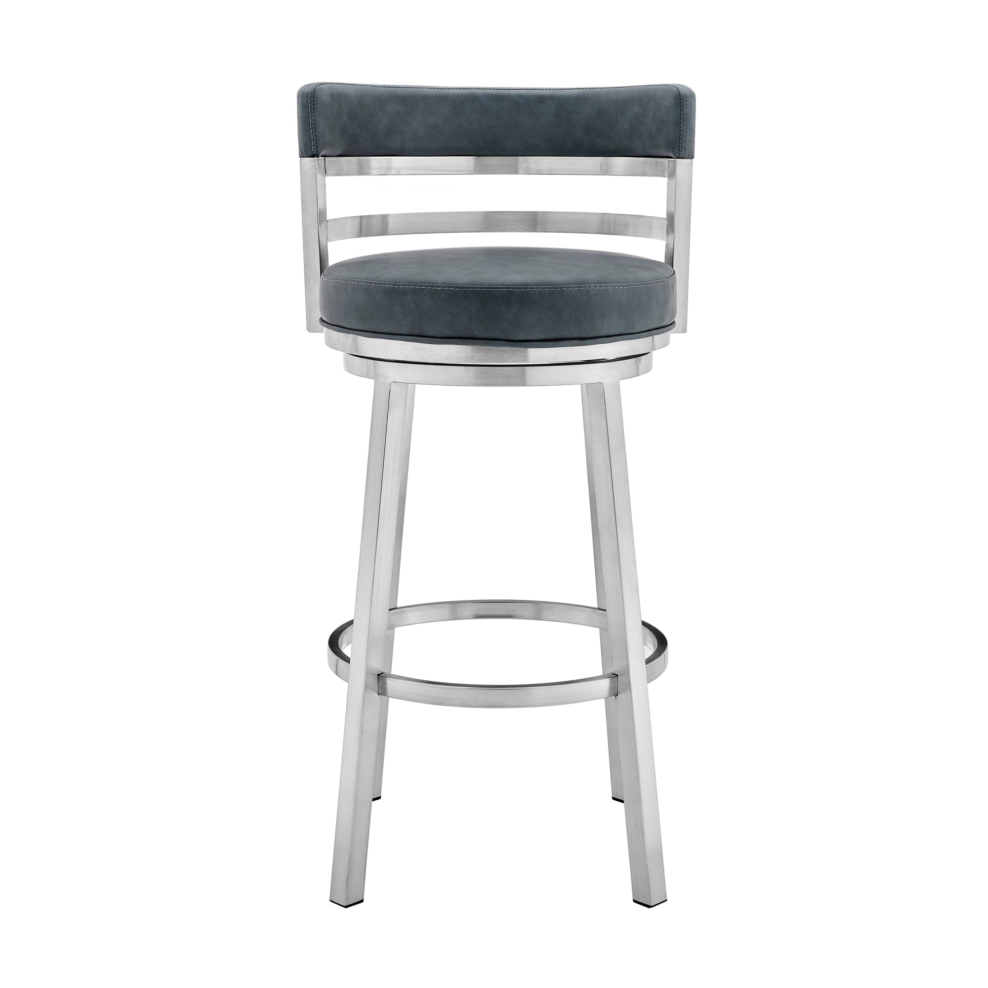 26" Blue And Silver Faux Leather And Stainless Steel Swivel Low Back Counter Height Bar Chair