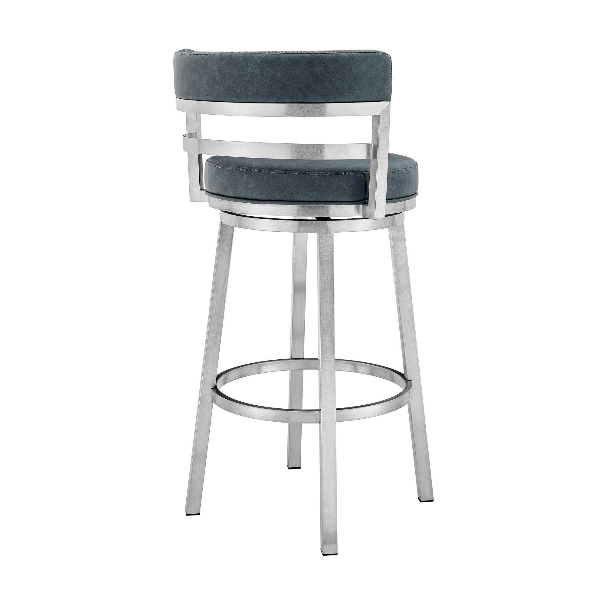 26" Blue And Silver Faux Leather And Stainless Steel Swivel Low Back Counter Height Bar Chair