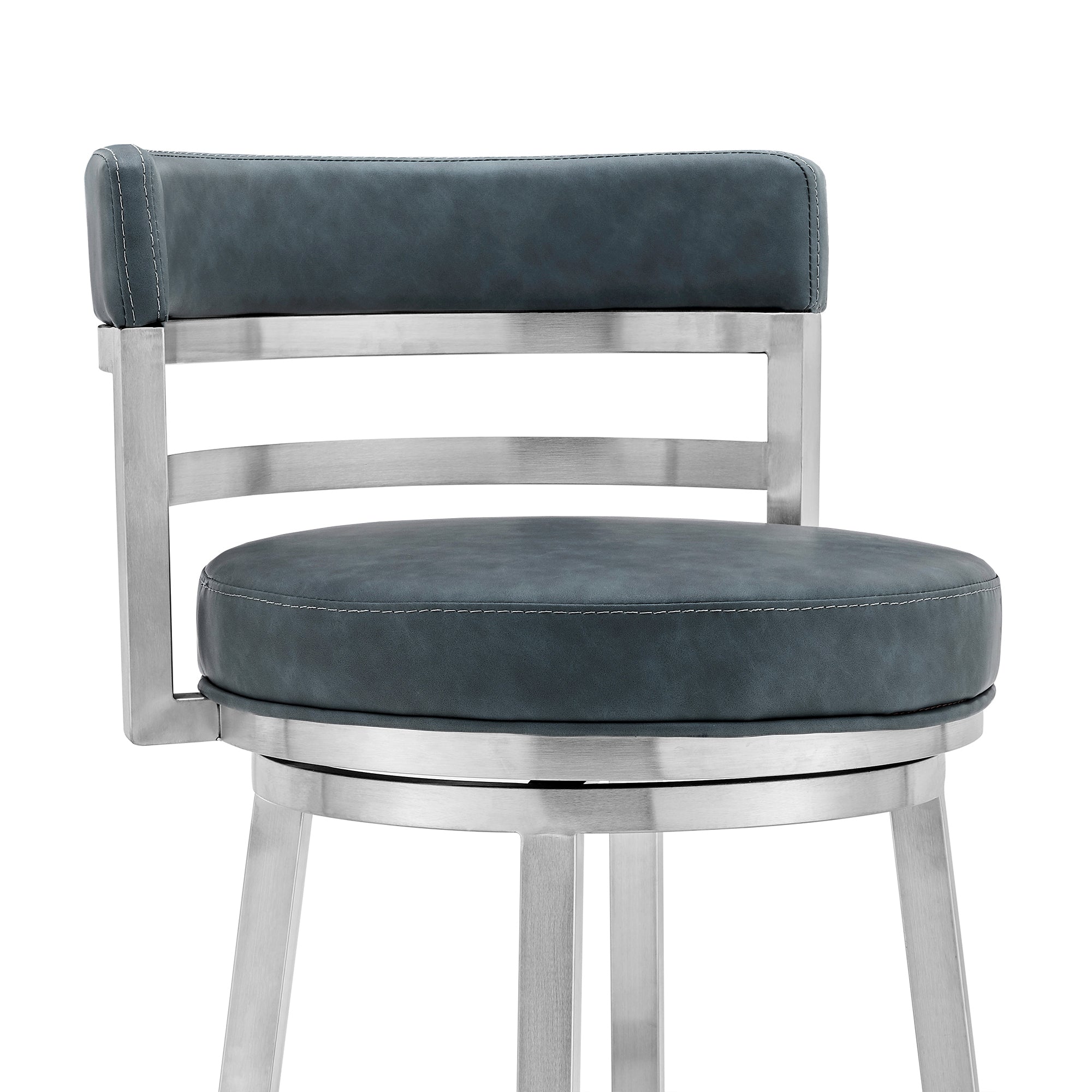 26" Blue And Silver Faux Leather And Stainless Steel Swivel Low Back Counter Height Bar Chair