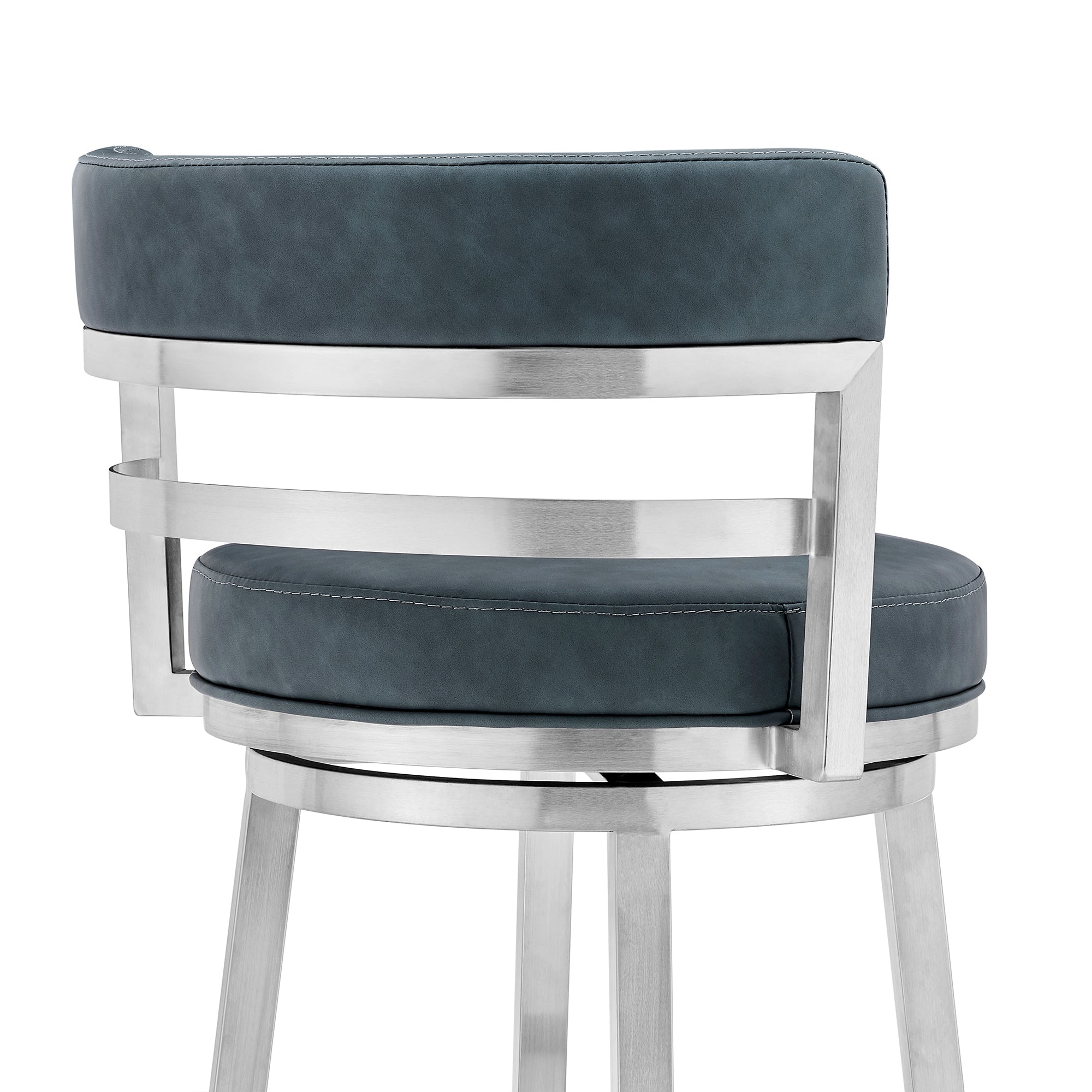 26" Blue And Silver Faux Leather And Stainless Steel Swivel Low Back Counter Height Bar Chair