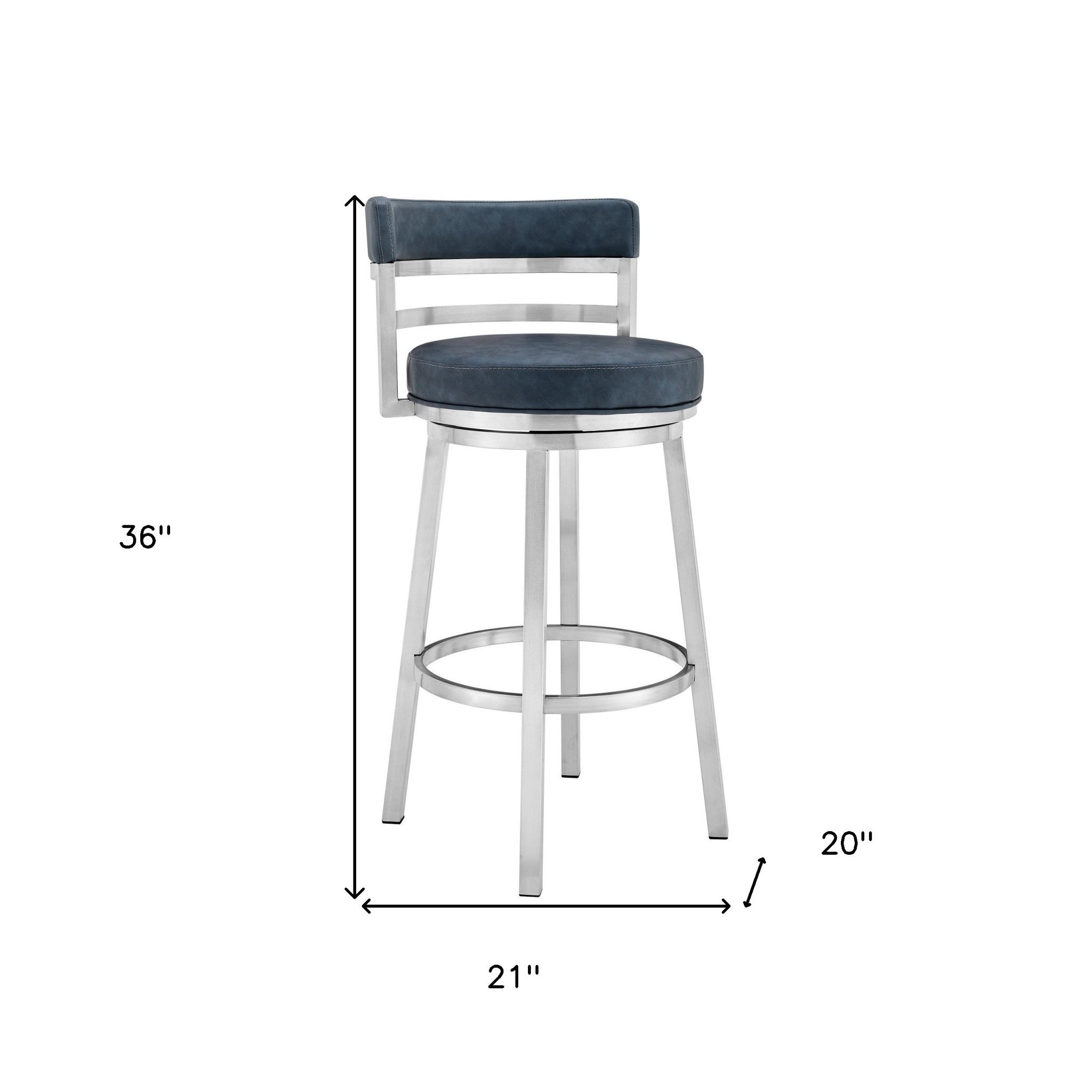 26" Blue And Silver Faux Leather And Stainless Steel Swivel Low Back Counter Height Bar Chair