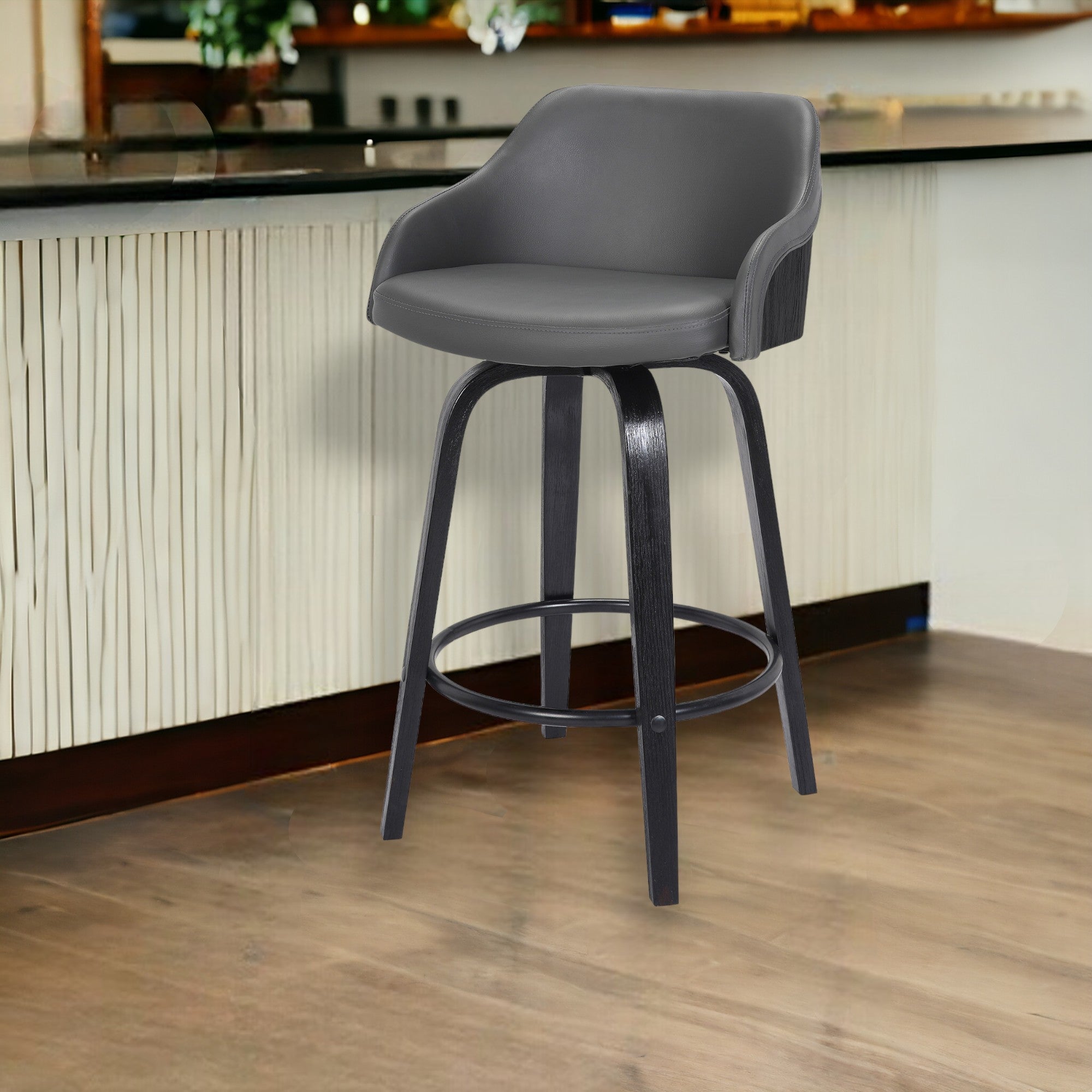 26" Gray And Black Iron Swivel Low Back Counter Height Bar Chair