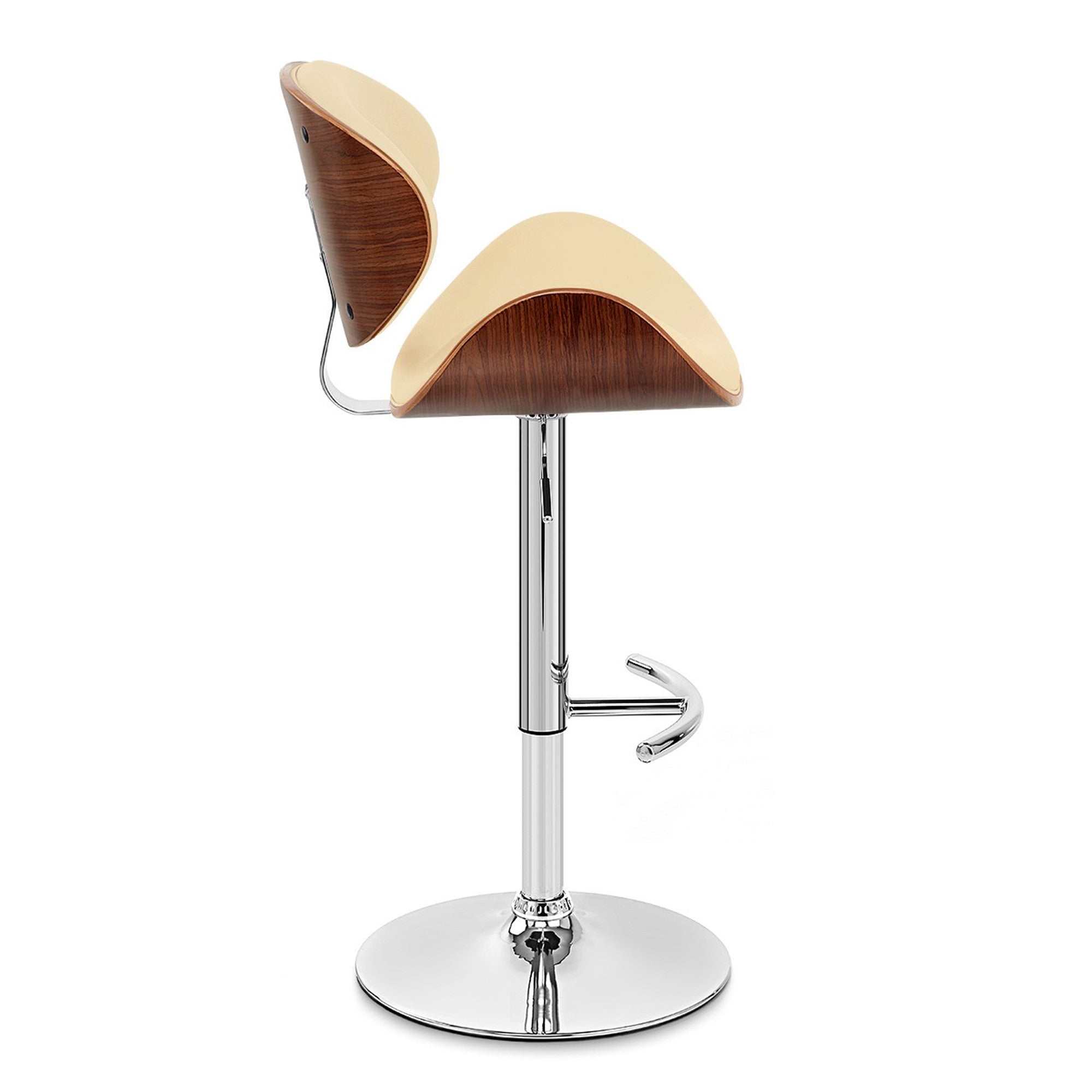 25" Cream and Silver Faux Leather and Solid Wood Low Back Adjustable Height Swivel Bar Chair