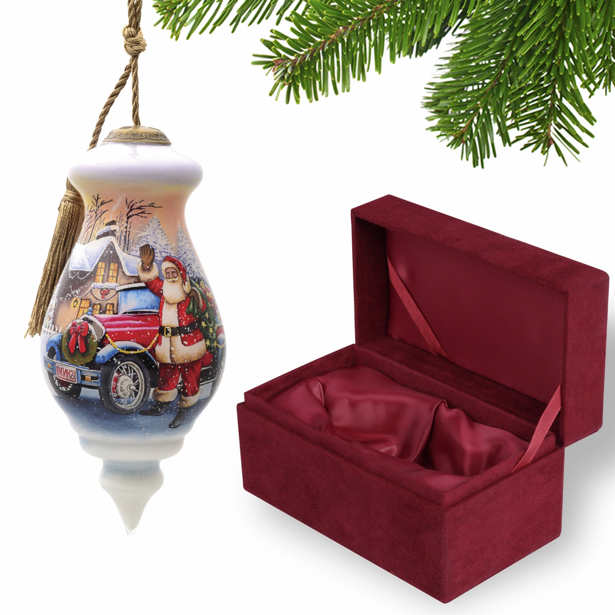 Vintage Car and Santa Waving Hand Painted Mouth Blown Glass Ornament