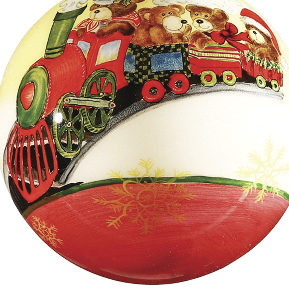 Teddy on Toy Train Hand Painted Mouth Blown Glass Ornament