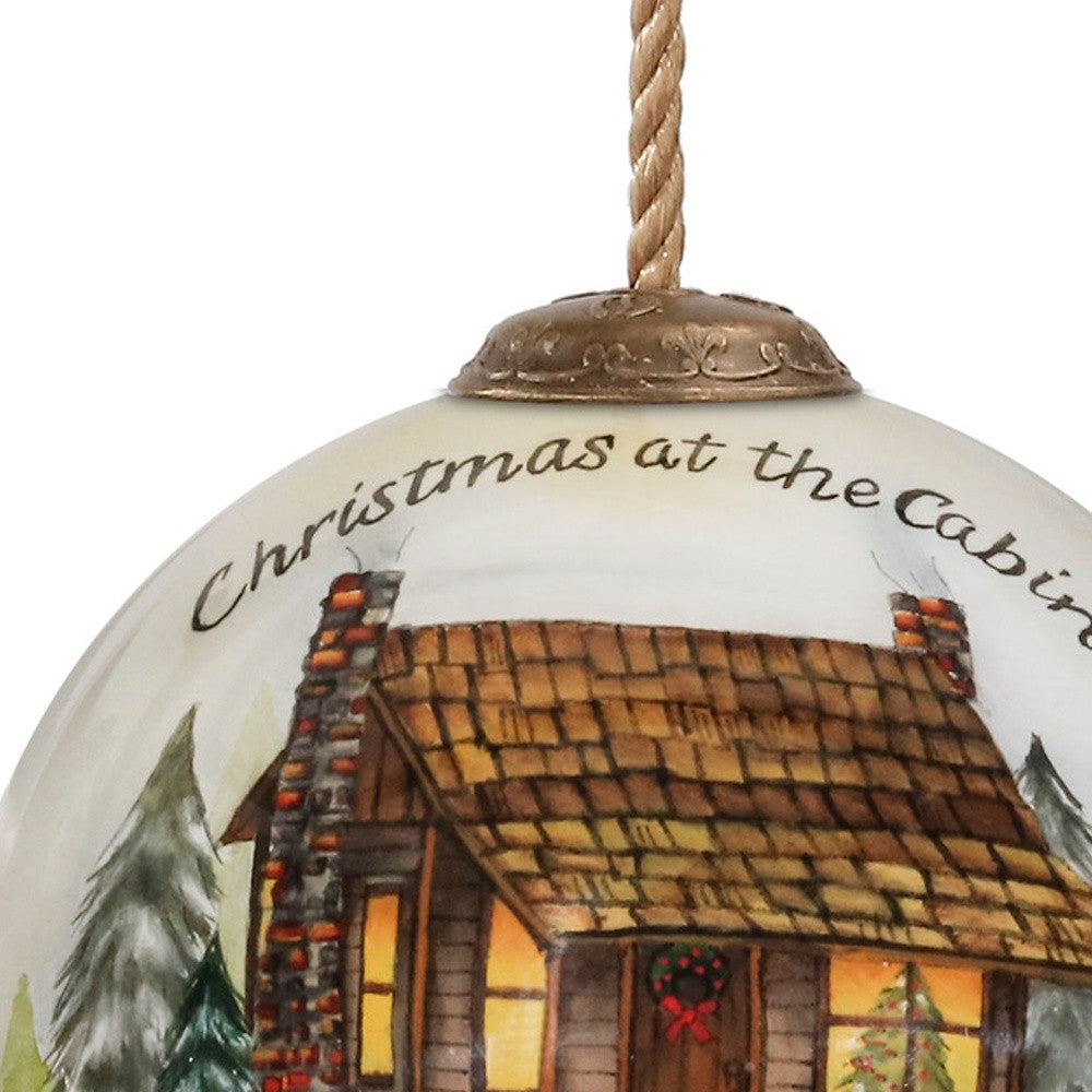 Vintage Christmas at the Cabin Hand Painted Mouth Blown Glass Ornament