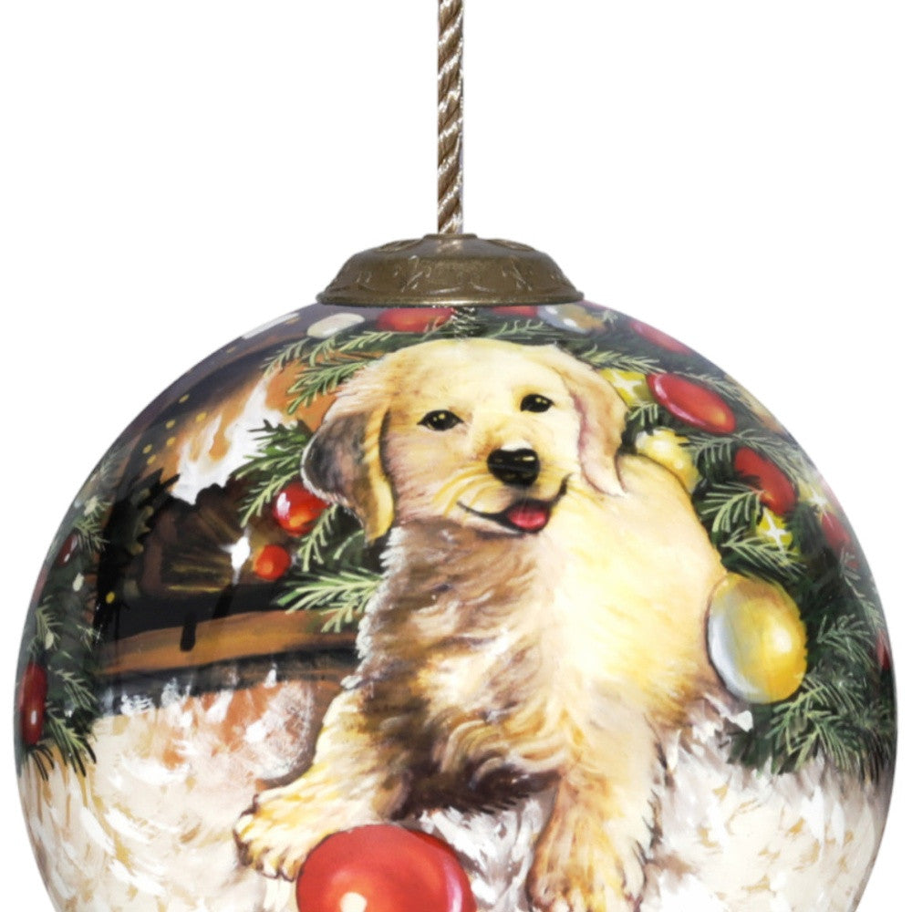 Puppy under the Christmas Tree Hand Painted Mouth Blown Glass Ornament