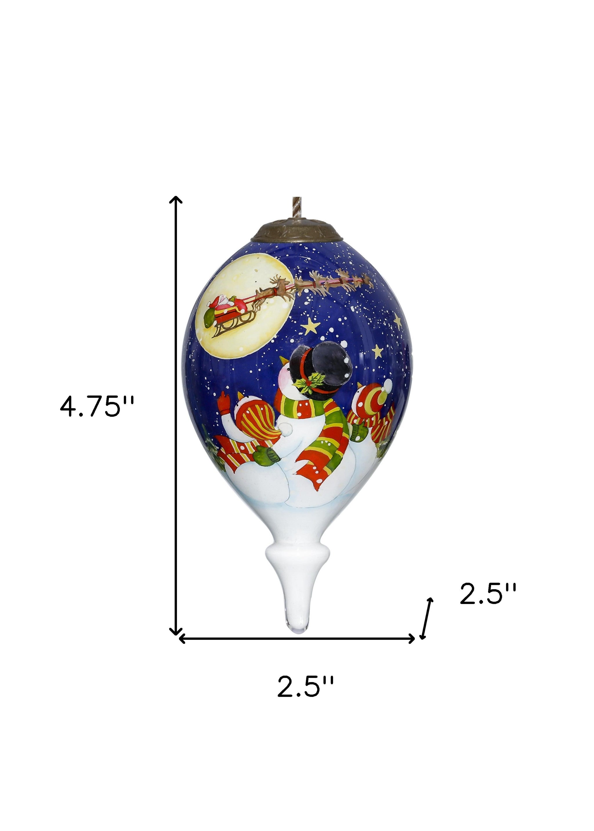 Snowmen Family Watching Santa on a Sleigh Hand Painted Mouth Blown Glass Ornament