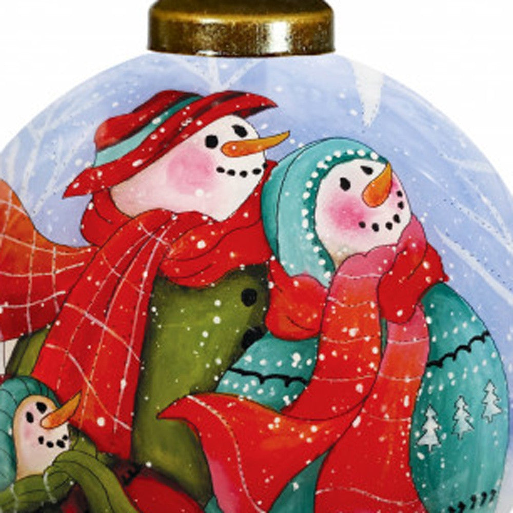 Snowman Family Bless Our Family Wordings Hand Painted Mouth Blown Glass Ornament