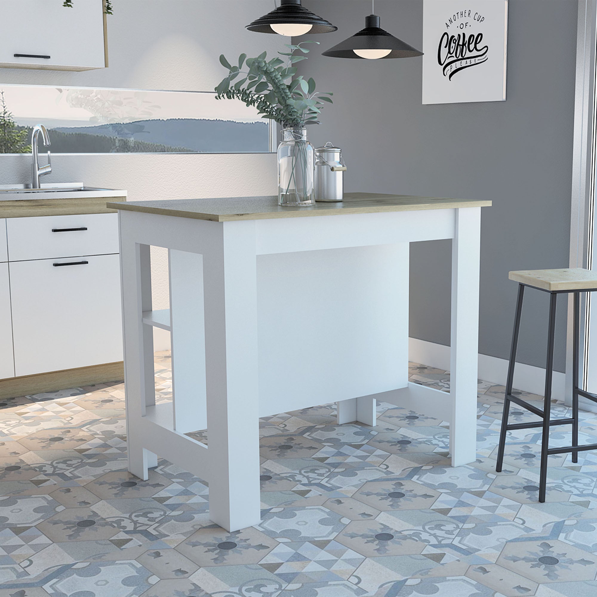 Modern White and Light Oak Kitchen Island