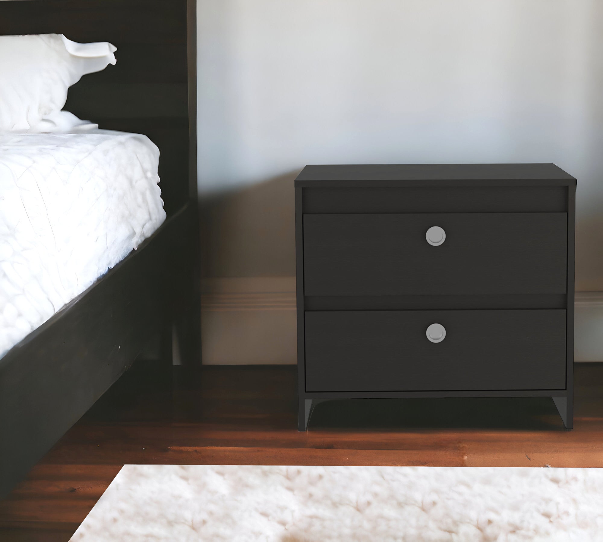 Modern and Minimalist Black Two Drawer Nightstand