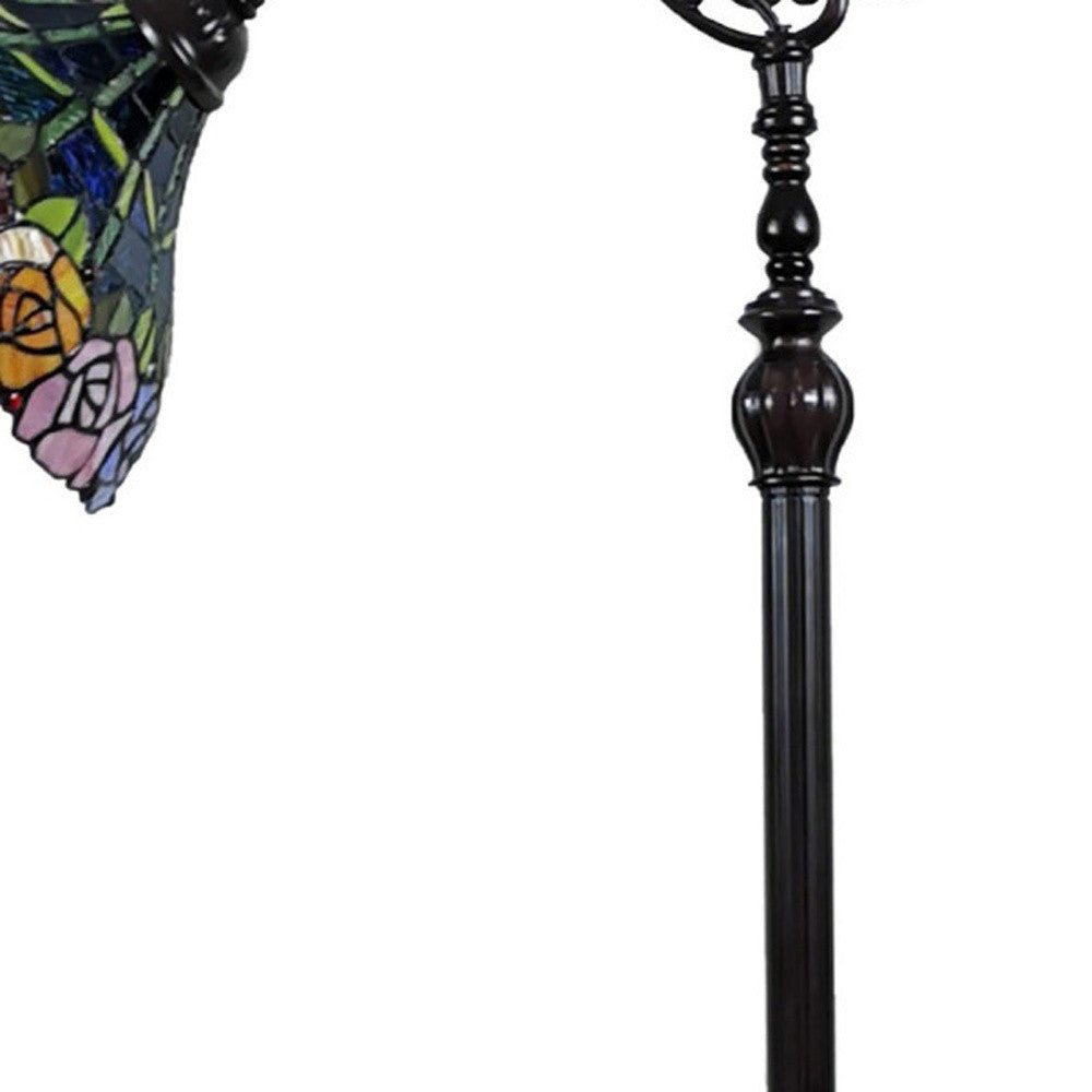 62" Brown Torchiere Floor Lamp With Blue and Yellow Flowers Glass Dome Shade