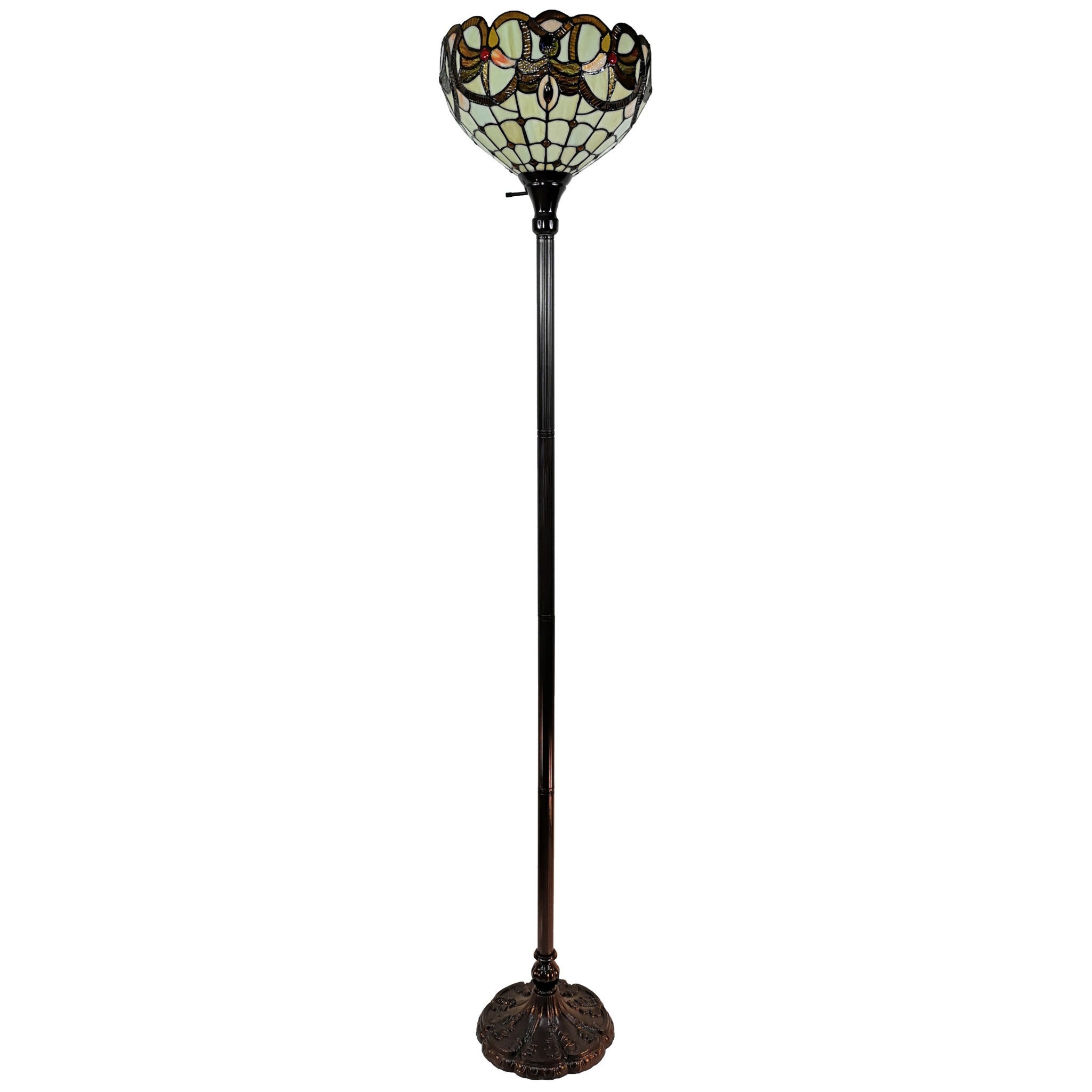 62" Brown Traditional Shaped Floor Lamp With White And Brown Stained Glass Bowl Shade