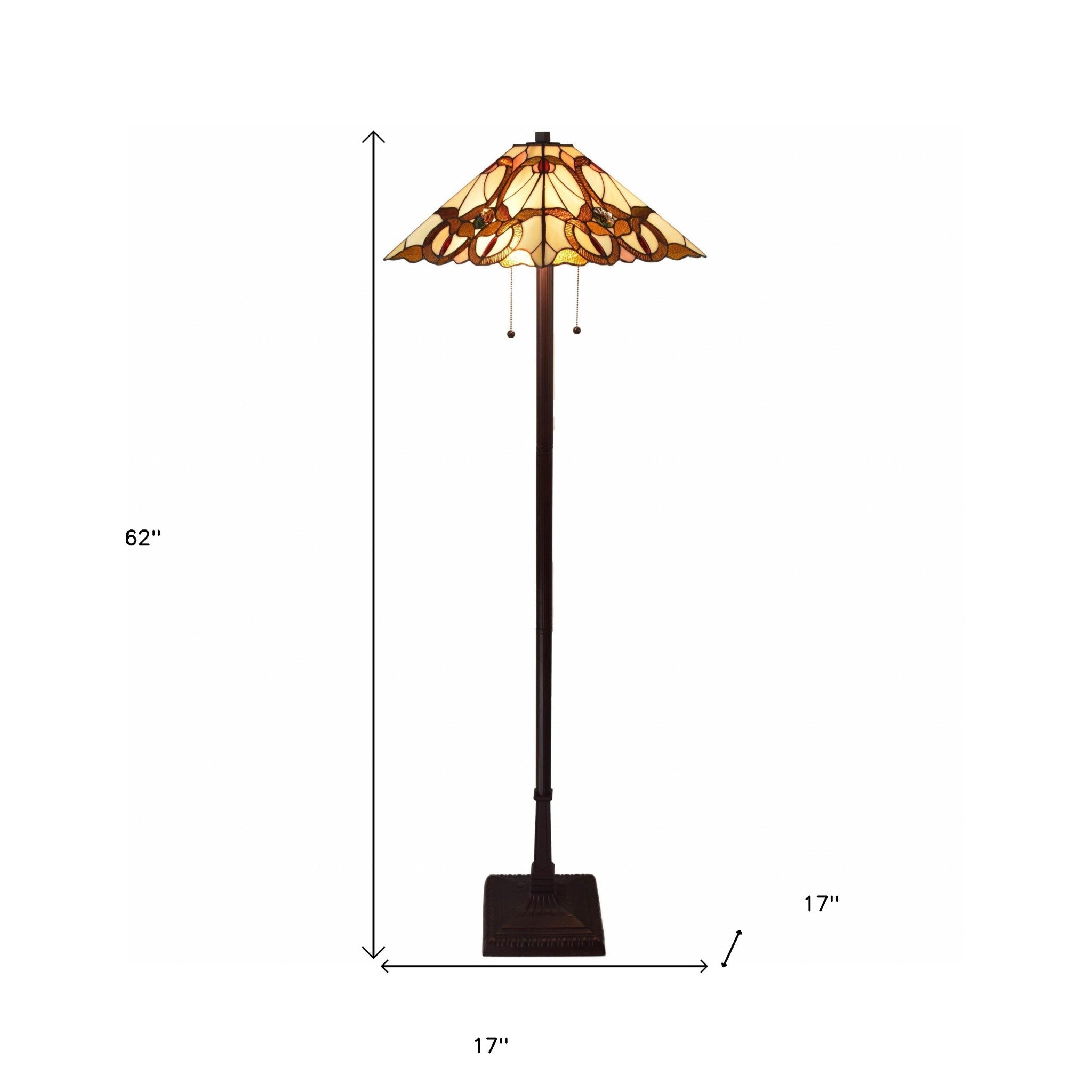 62" Brown Two Lights Traditional Shaped Floor Lamp With Brown And White Stained Glass Cone Shade