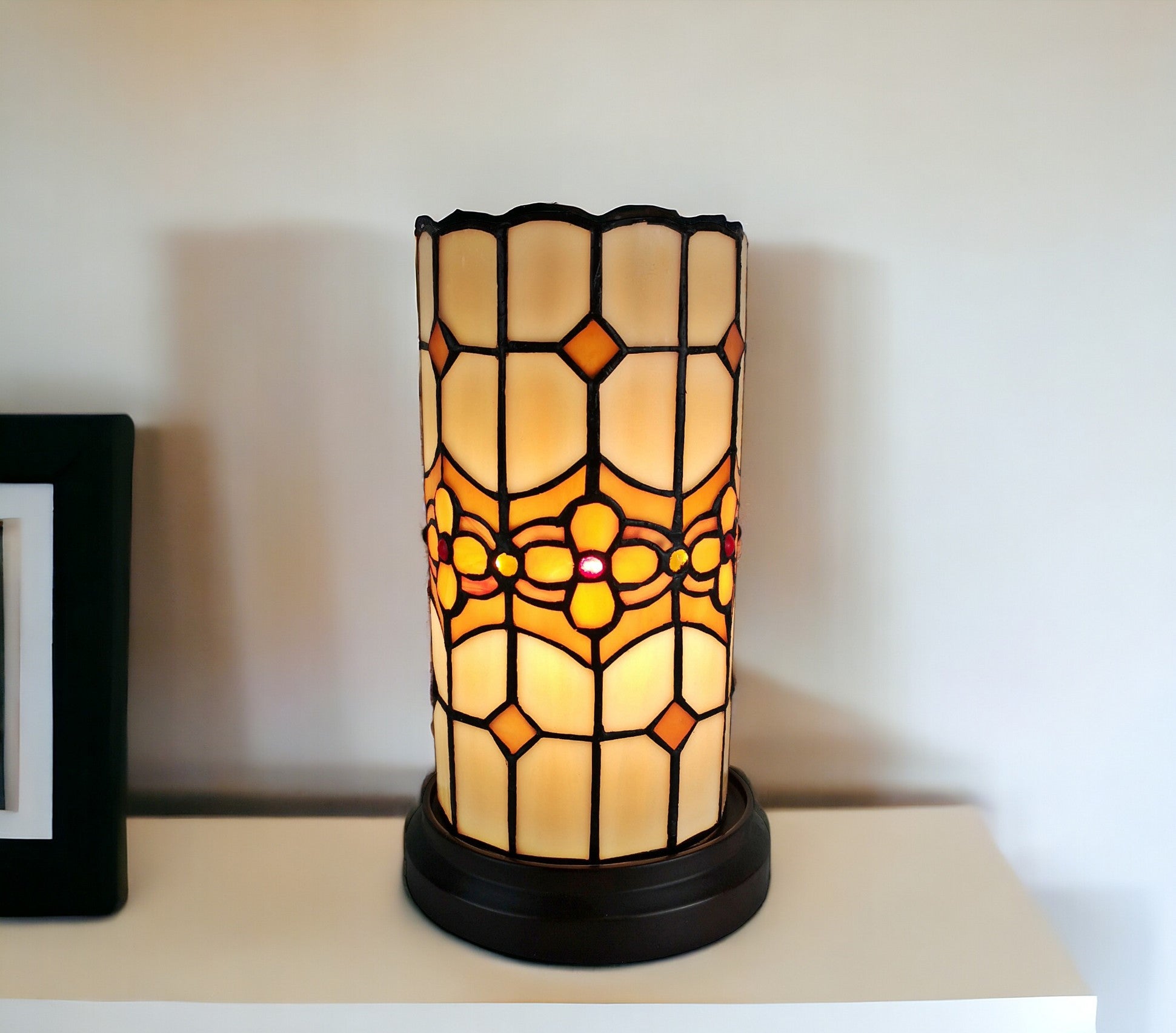 11" Brown and Beige Mosaic Tile Stained Glass Accent Lamp