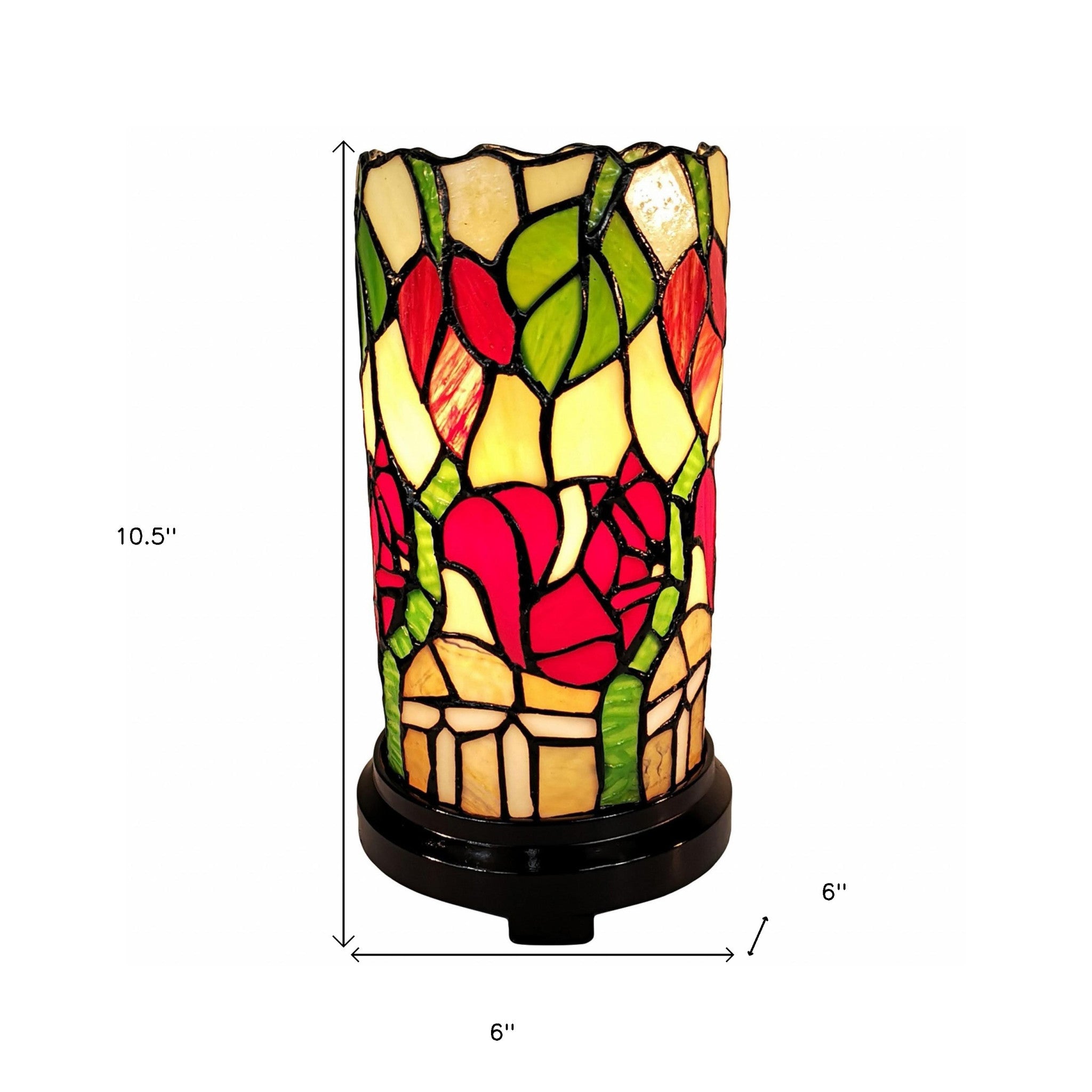 14" Red Green and Black Floral Stained Glass Accent Lamp