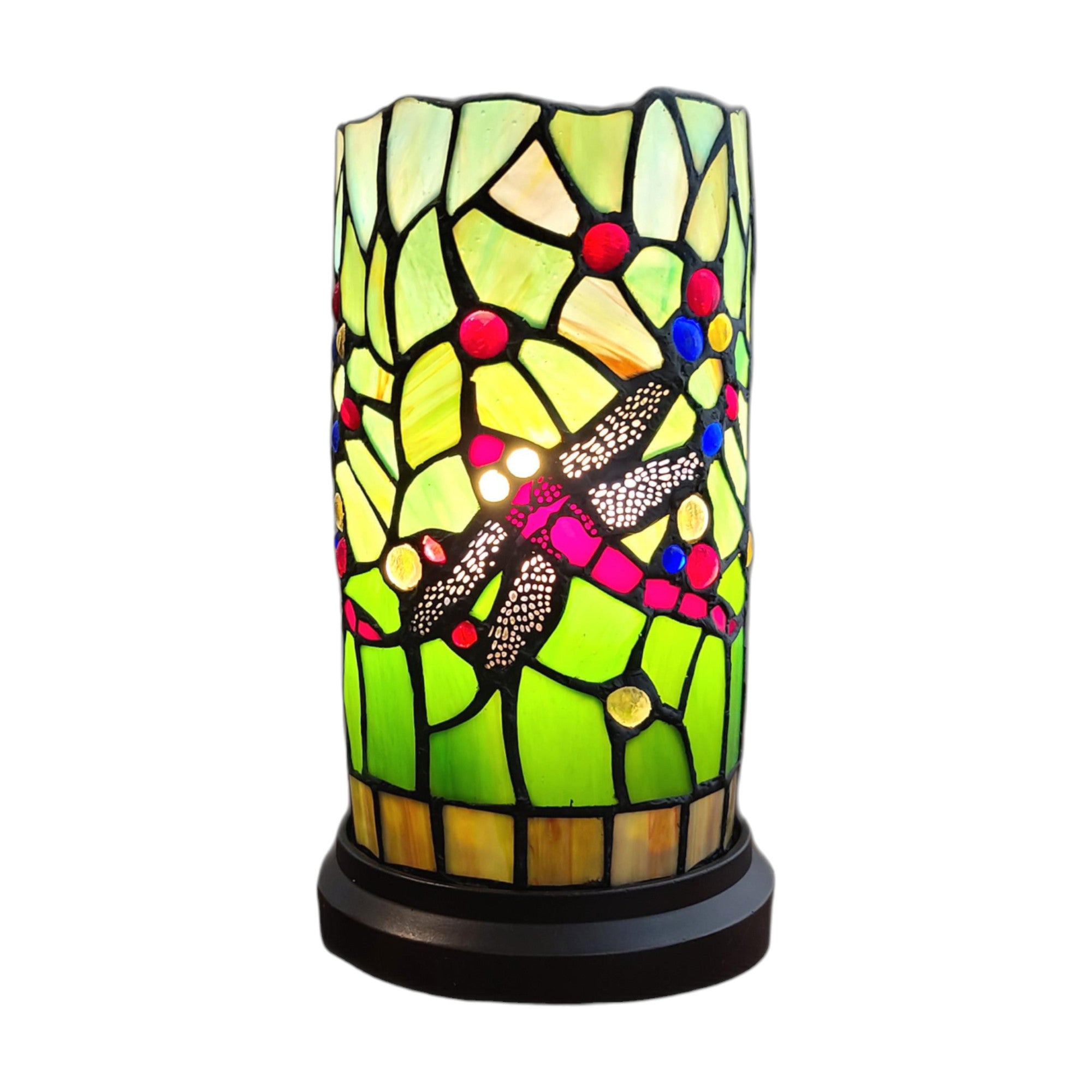 11" Green and Pink Dragonfly Stained Glass Accent Lamp