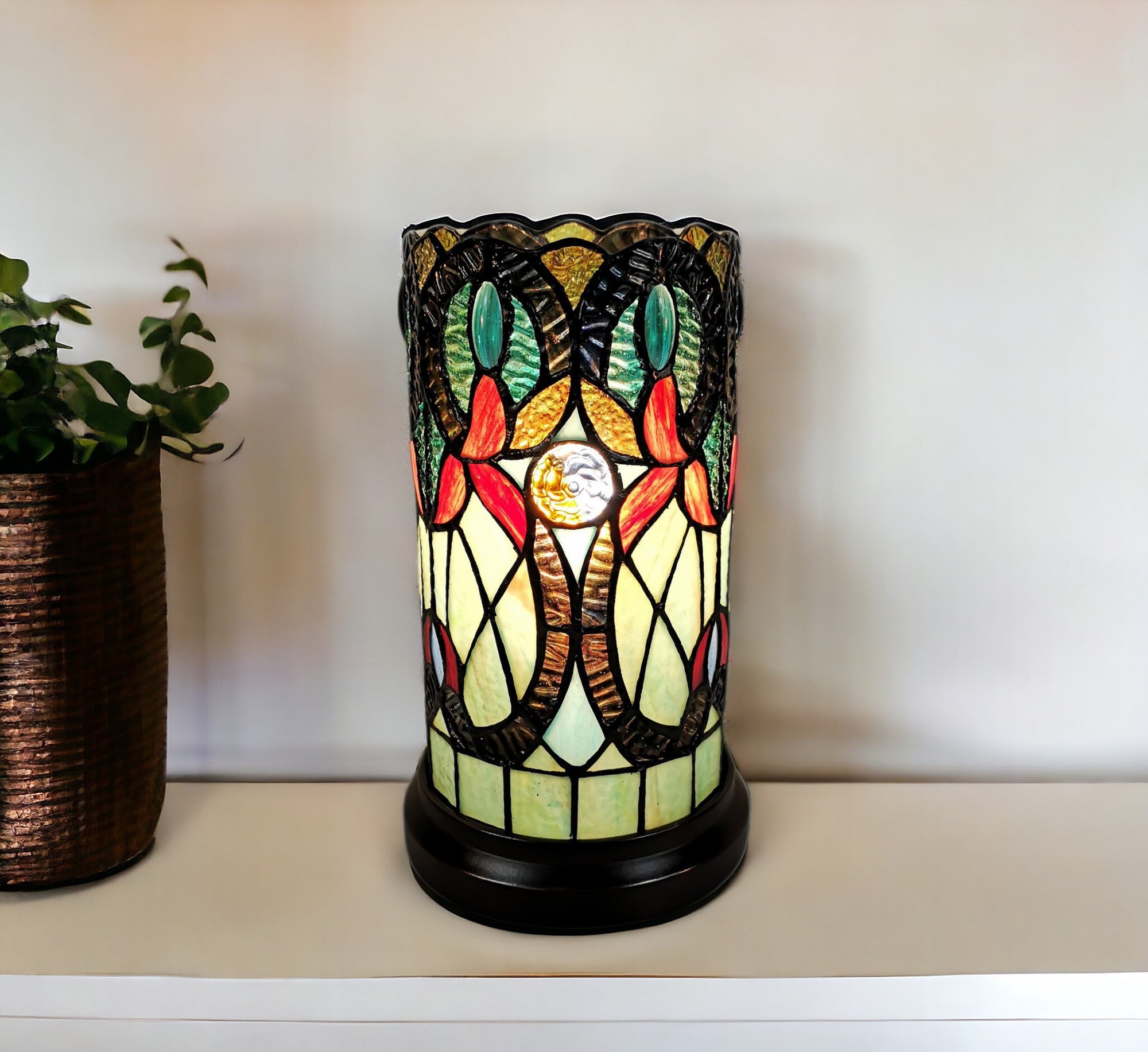 11" Beige and Orange Mosaic Tile Stained Glass Accent Lamp