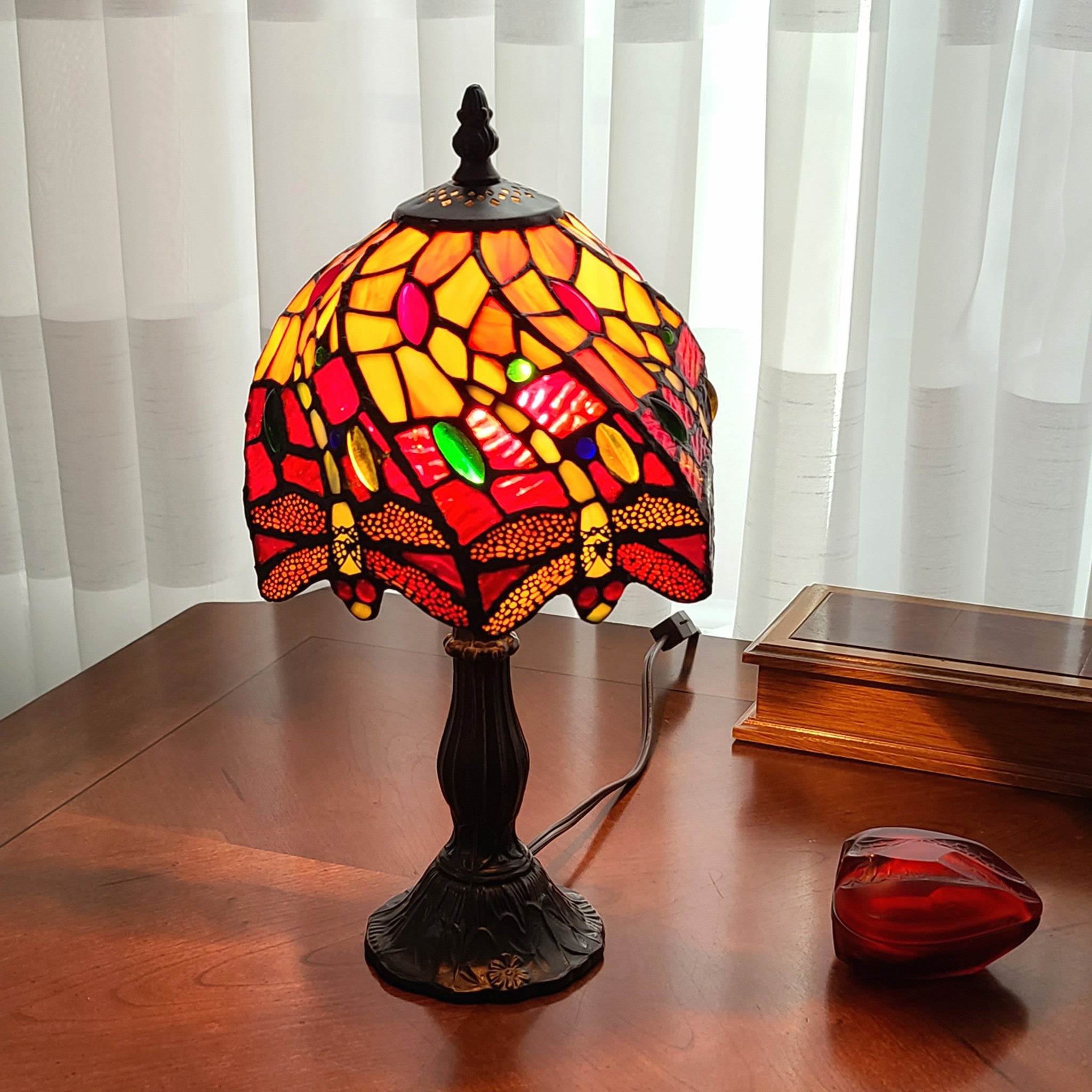 15" Dark Brown Metal Candlestick Table Lamp With Red and Black Novelty Shade