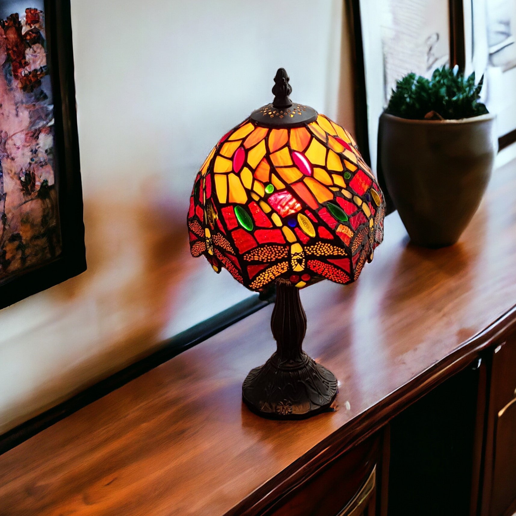 15" Dark Brown Metal Candlestick Table Lamp With Red and Black Novelty Shade