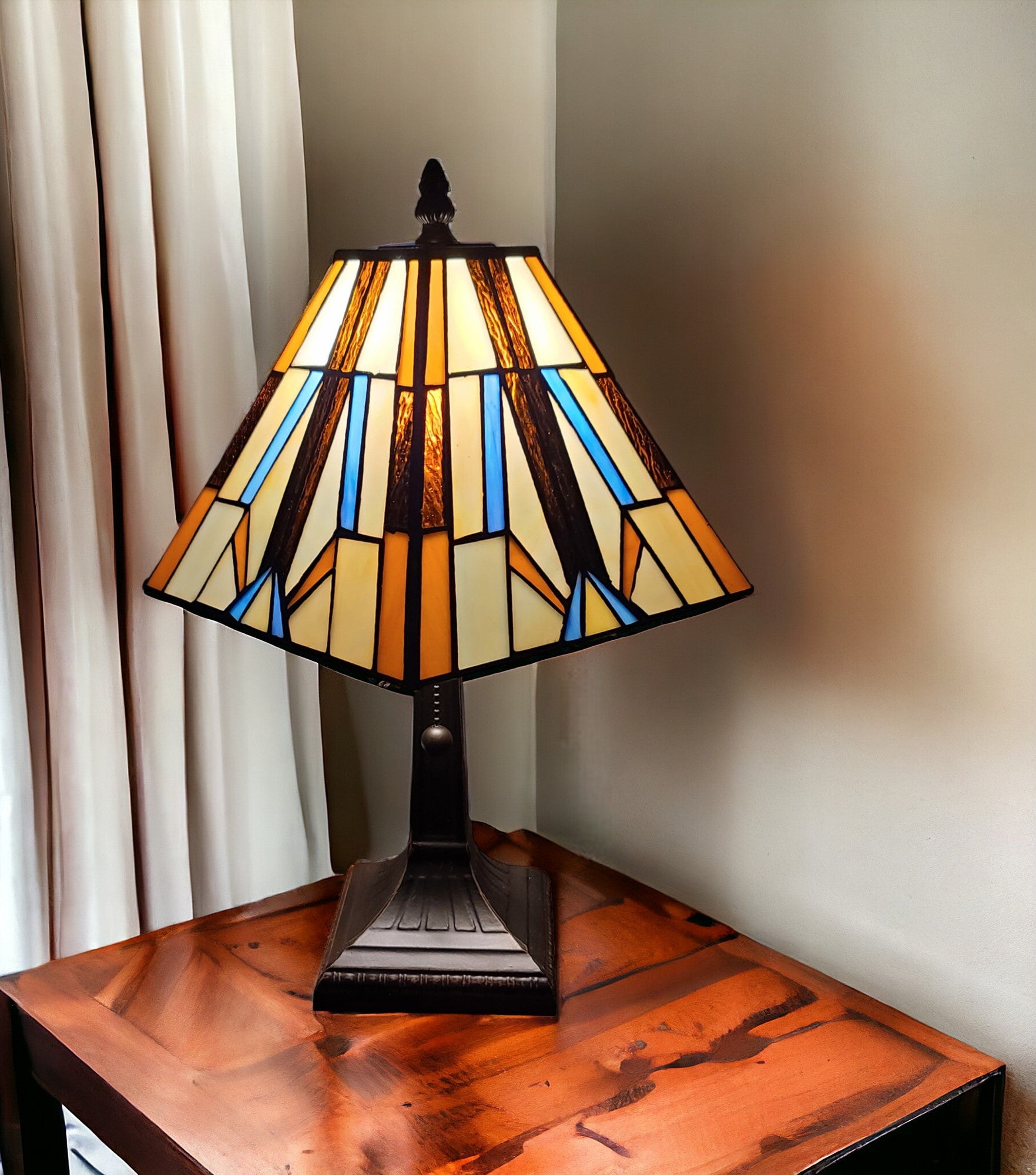 15" Dark Brown Metal Candlestick Table Lamp With Orange and Ivory Empire Shade