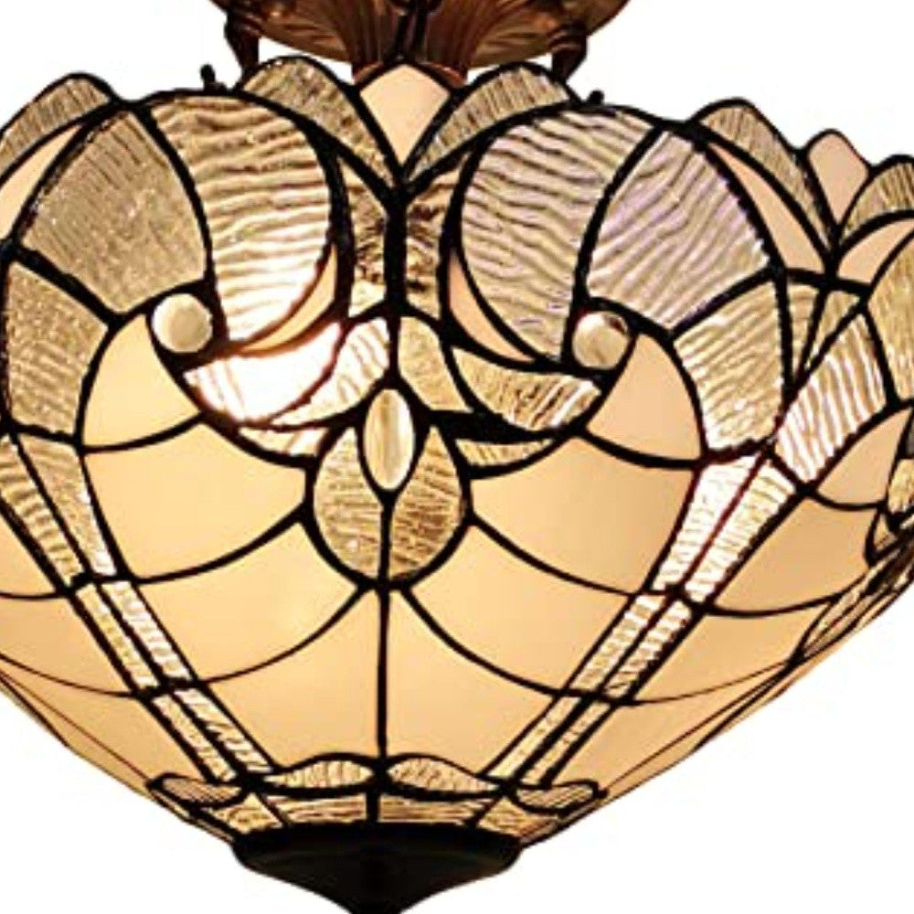 Yellow and Brown Two Light Tiffany Style Semi Flush Dimmable Ceiling Light