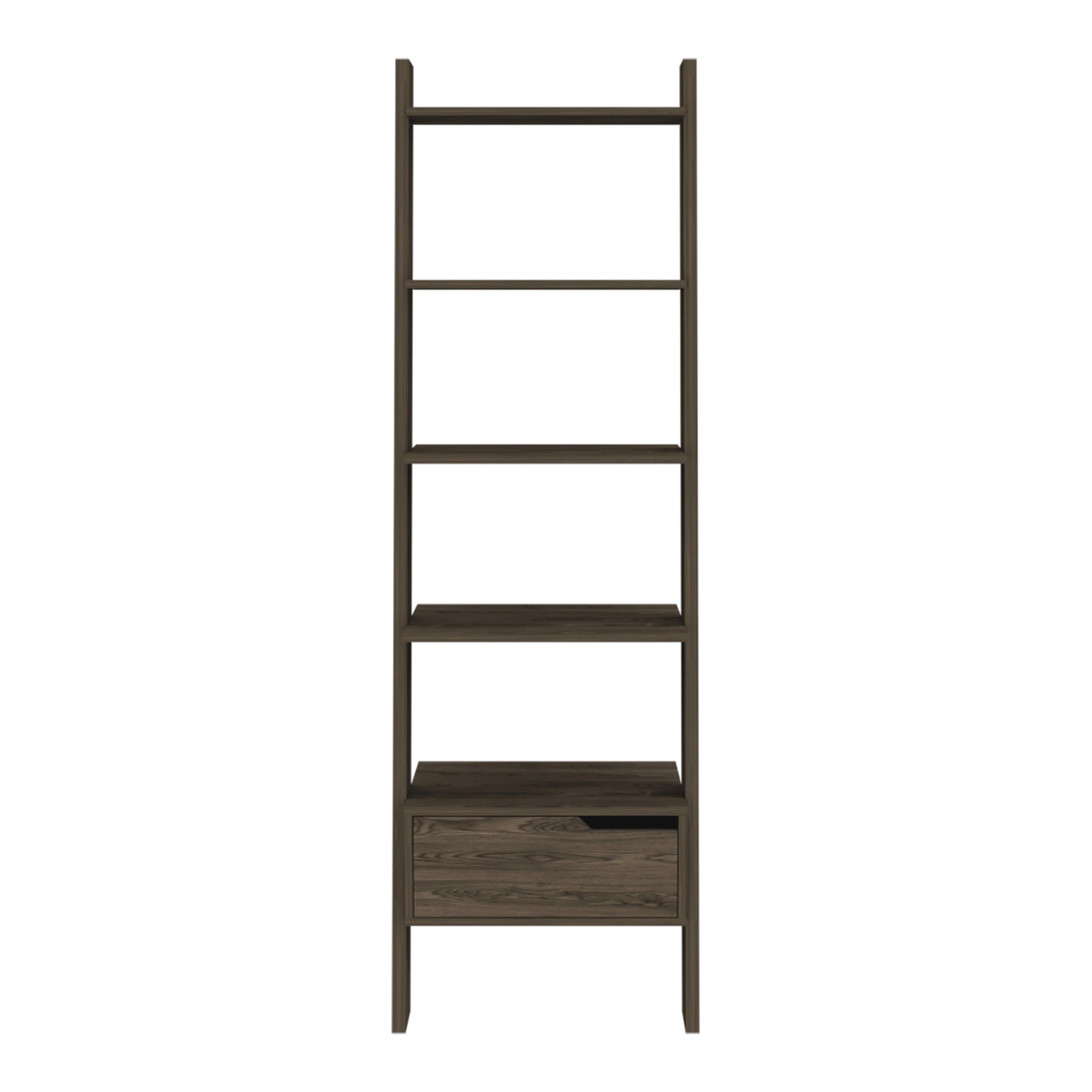 70" Dark Walnut Five Tier Ladder Bookcase with Drawer