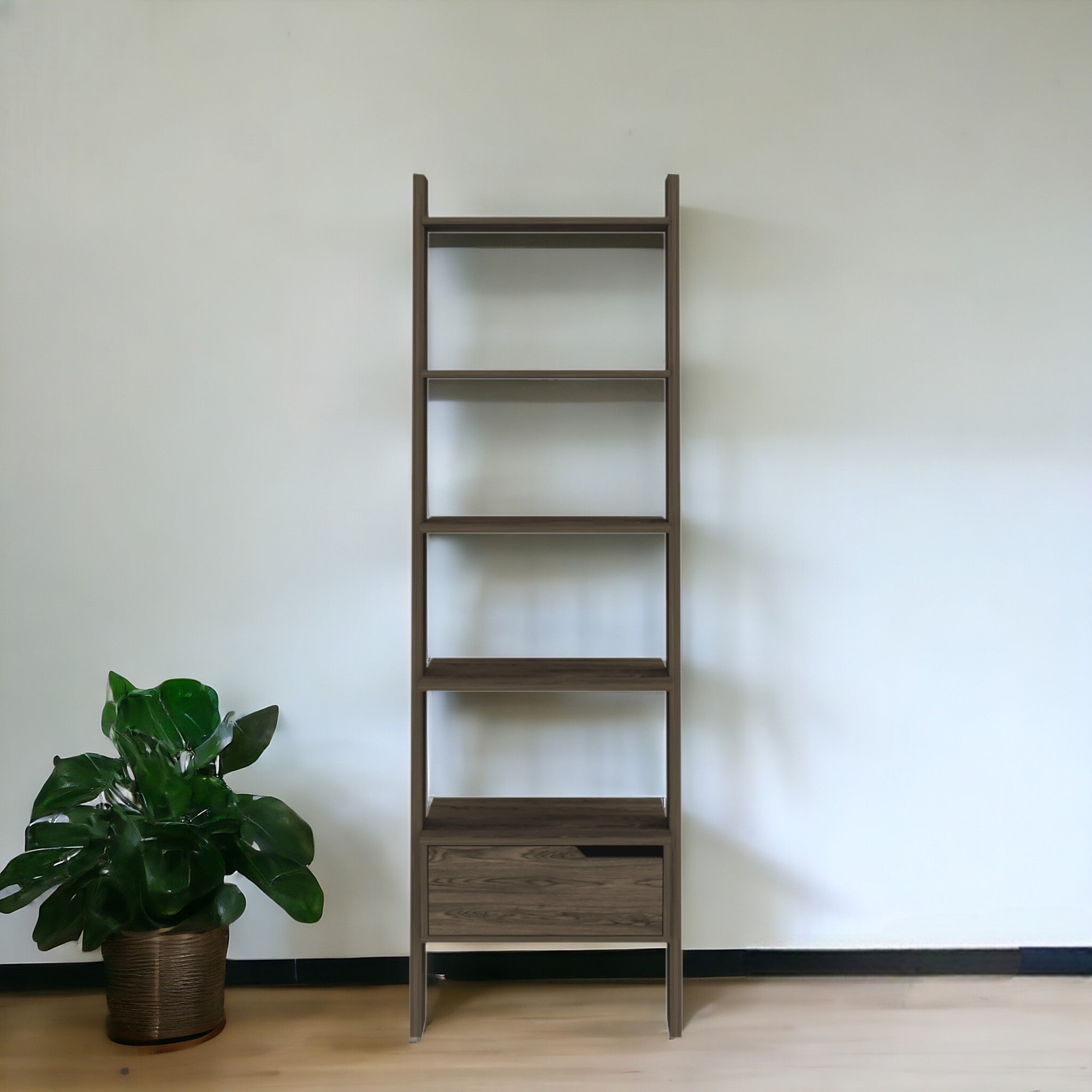 70" Brown Five Tier Ladder Bookcase with A Drawer